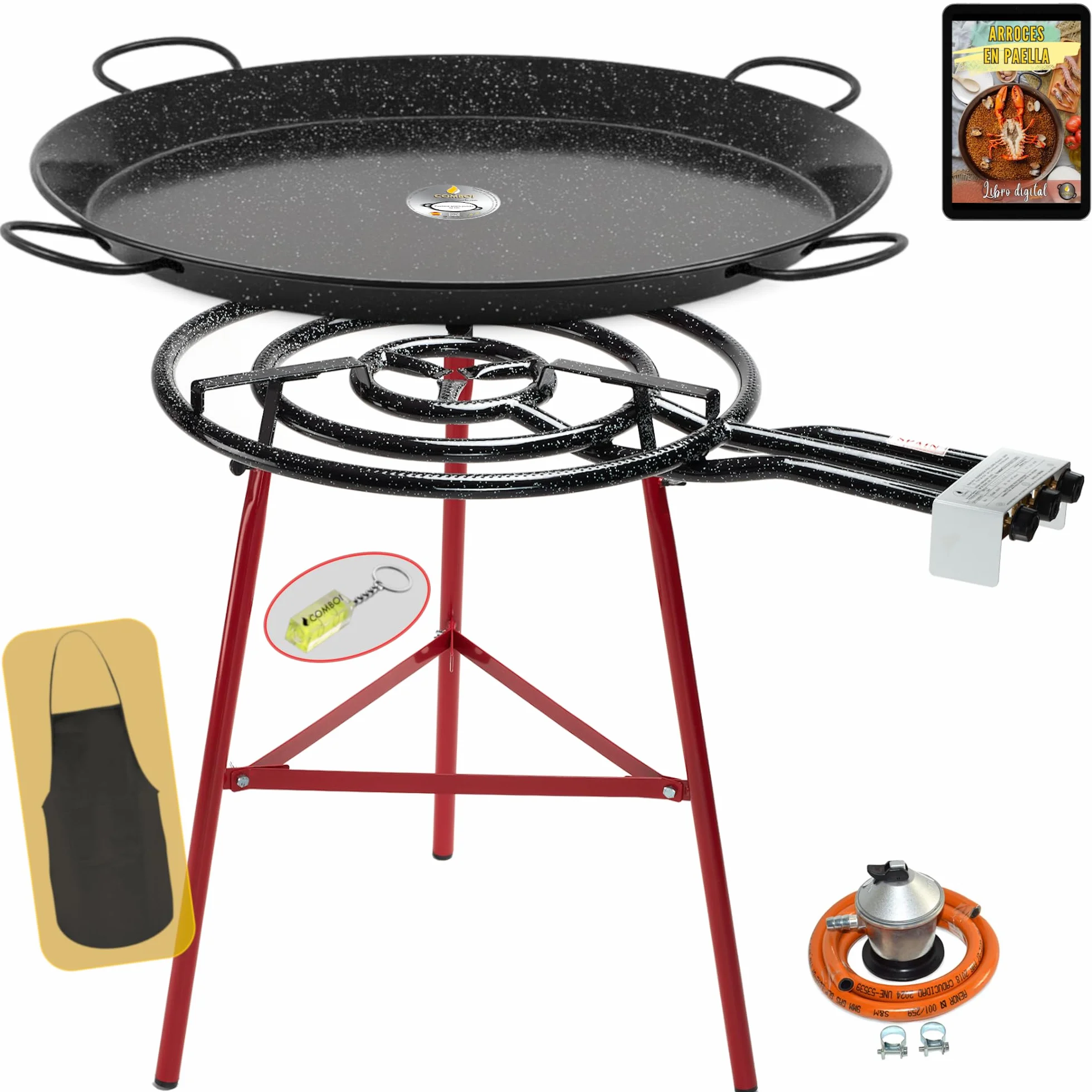 COMBOI Kit Paellero Gas Butano 70 cm – Paellera Esmaltada 90 cm, Patas Reforzadas, Regulador, Manguera, Nivel, Delantal y Recetario Digital – Quemador de 3 Aros para Exterior