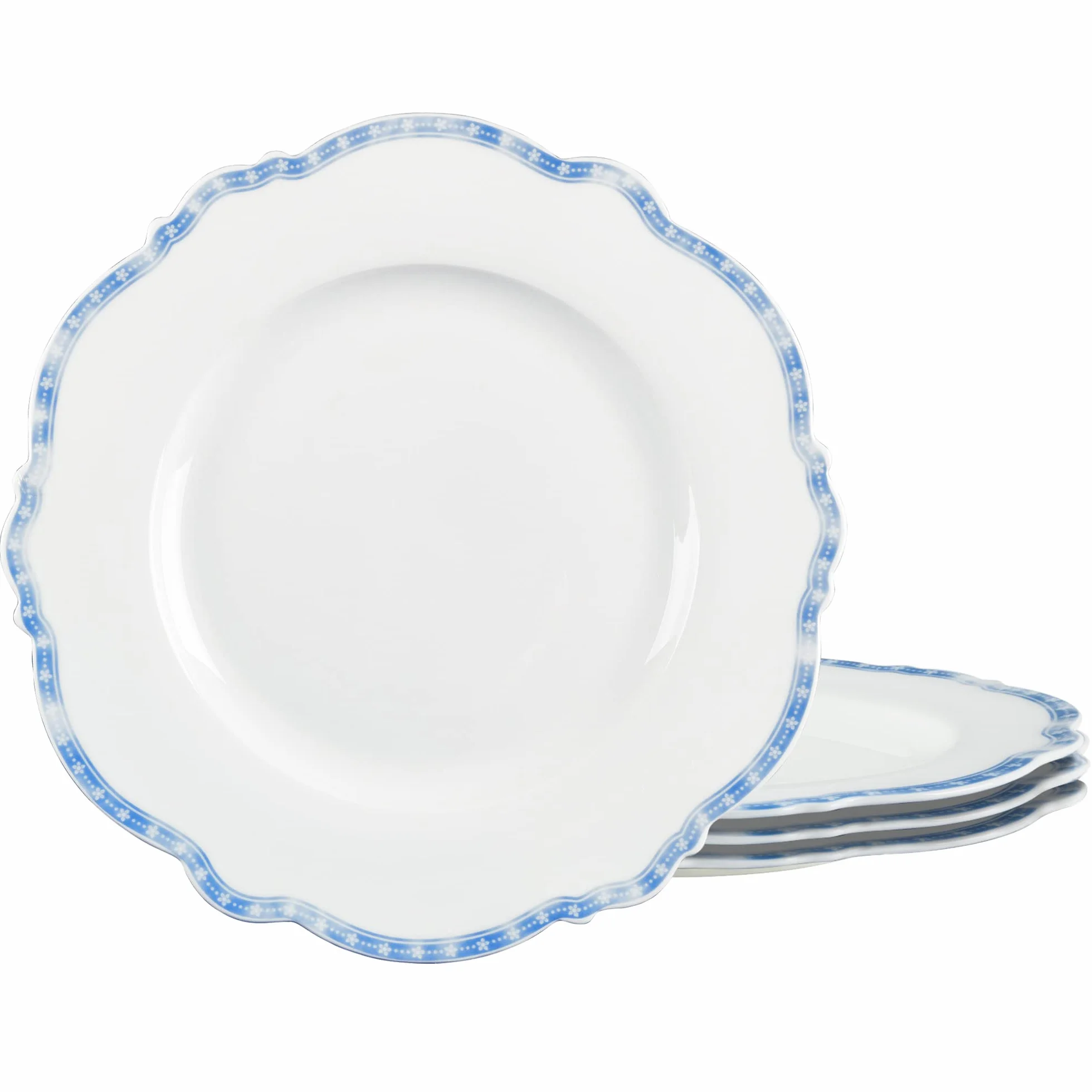 fanquare Juego de 4 Platos de Porcelana con Borde Estrella Azul, 27,5 cm Platos Llanos Redondos Vajilla Grande de Casa Gastronomía | Platos curvados para comidas diarias, fiestas, banquetes, microondas