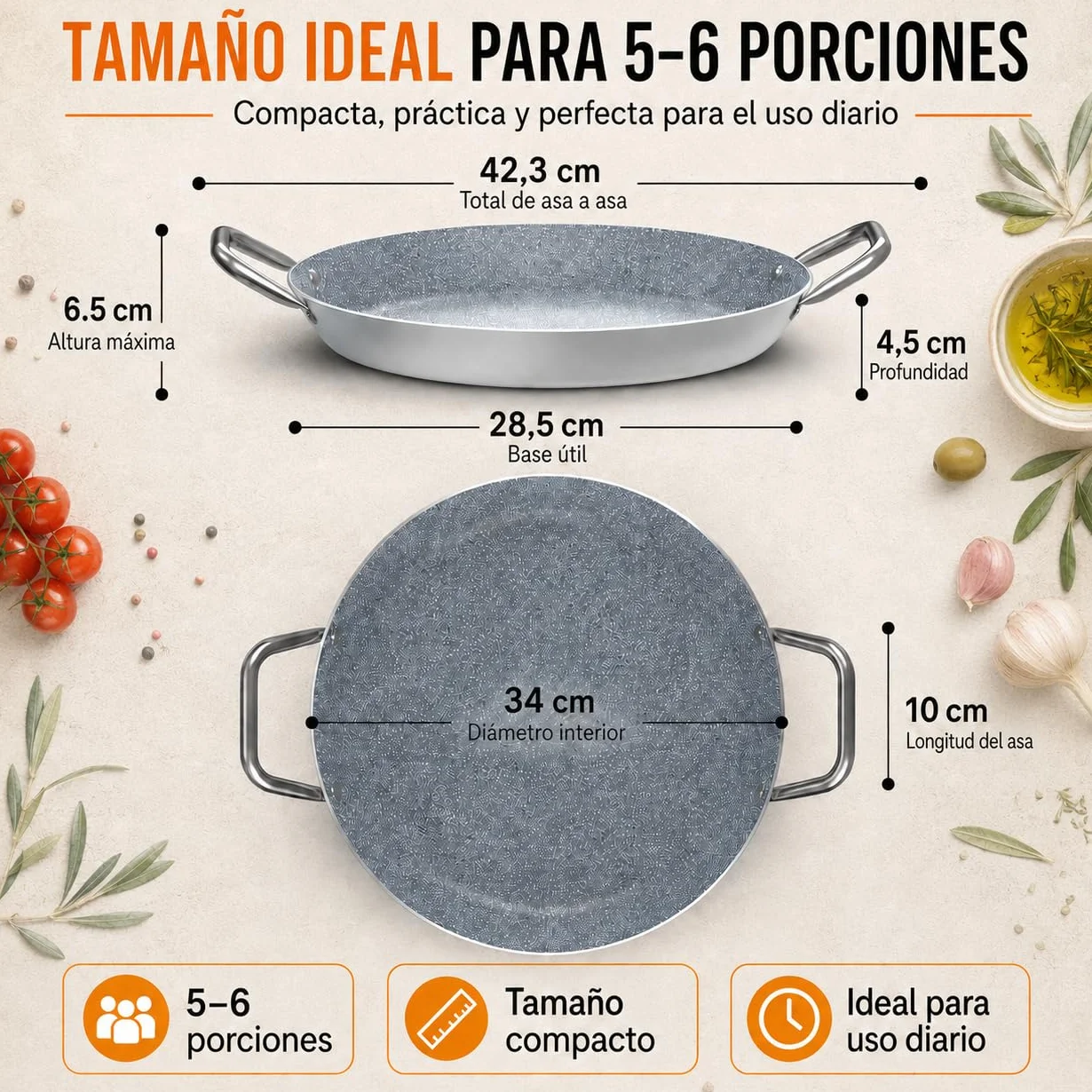 TEHORNEO Paellera Induccion, Paellera 34 cm de Antiadherente 5-6 raciones, Paella Induccion, Paella 34 cm Compatible con Inducción, Vitrocerámica, Gas y Electrica, Paelleras Grandes