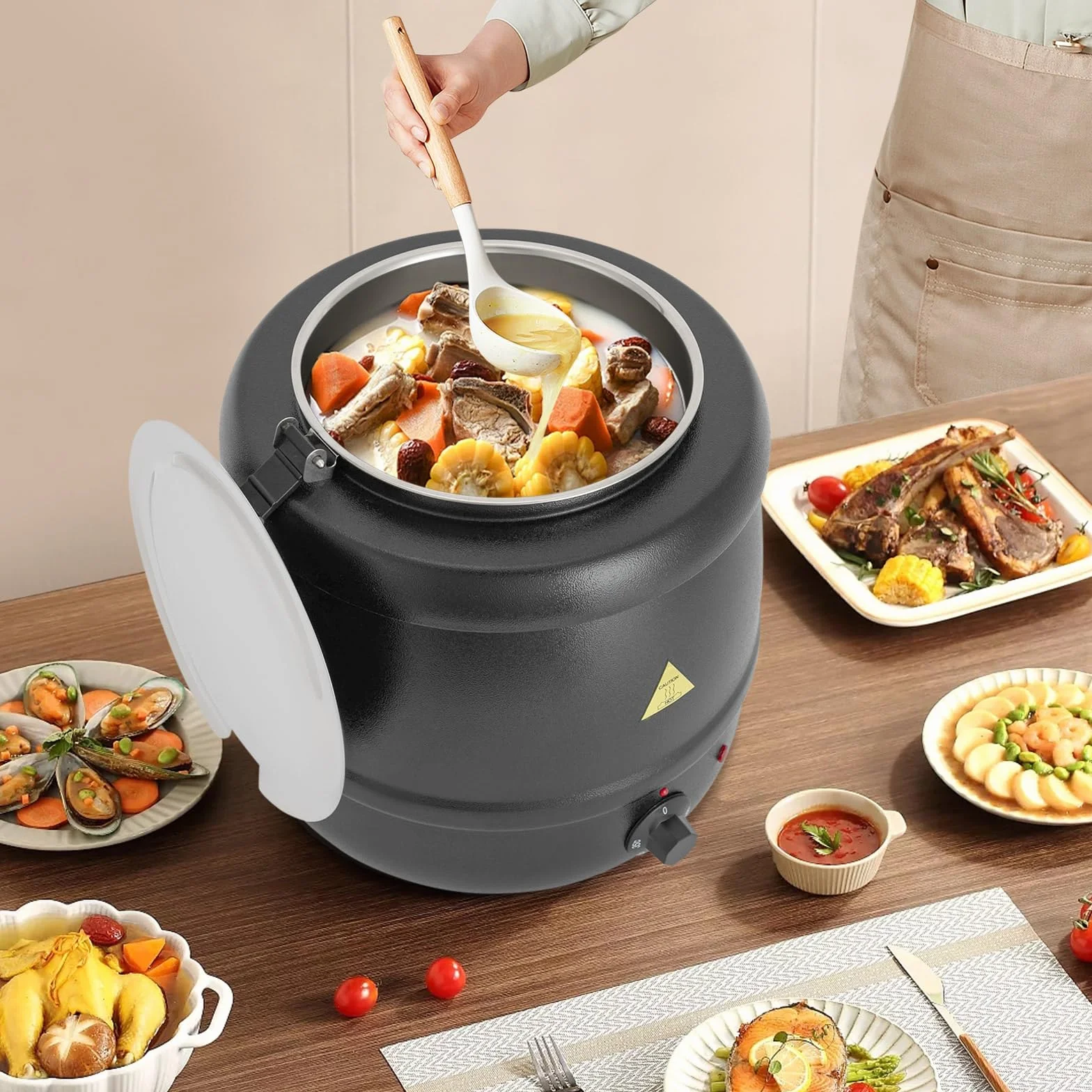 Olla eléctrica para sopa 10L 400W acero inoxidable inserto extraíble tapa abatible regulable 80°C calentador profesional