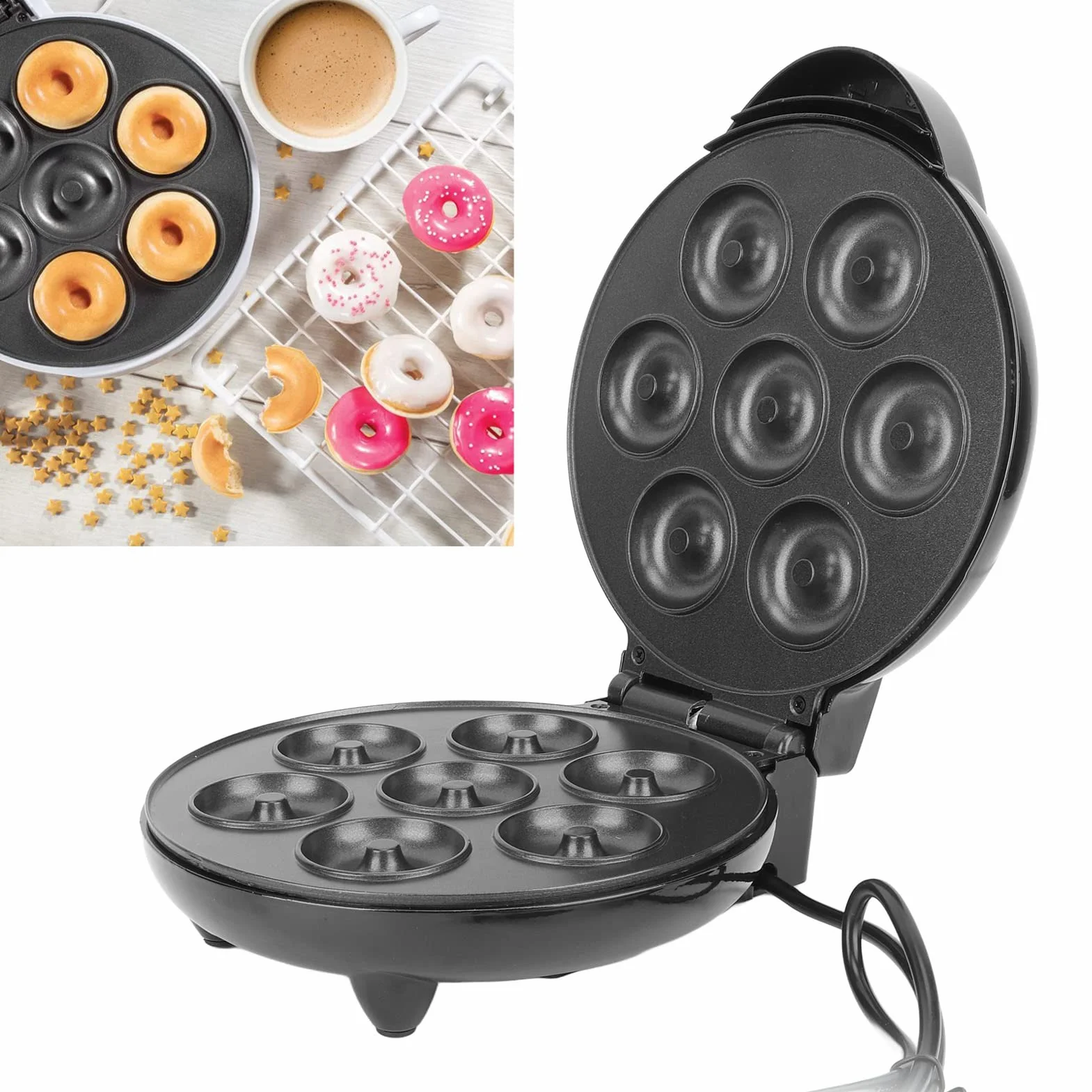 Asixxsix Donut Maker, 1000W Antiadherente Superficie Mini Donut Maker Máquina de Doble Cara de calefacción eléctrica Doughnut Maker, Hace 7 Donuts, para niños Desayuno Aperitivos postres (Negro)