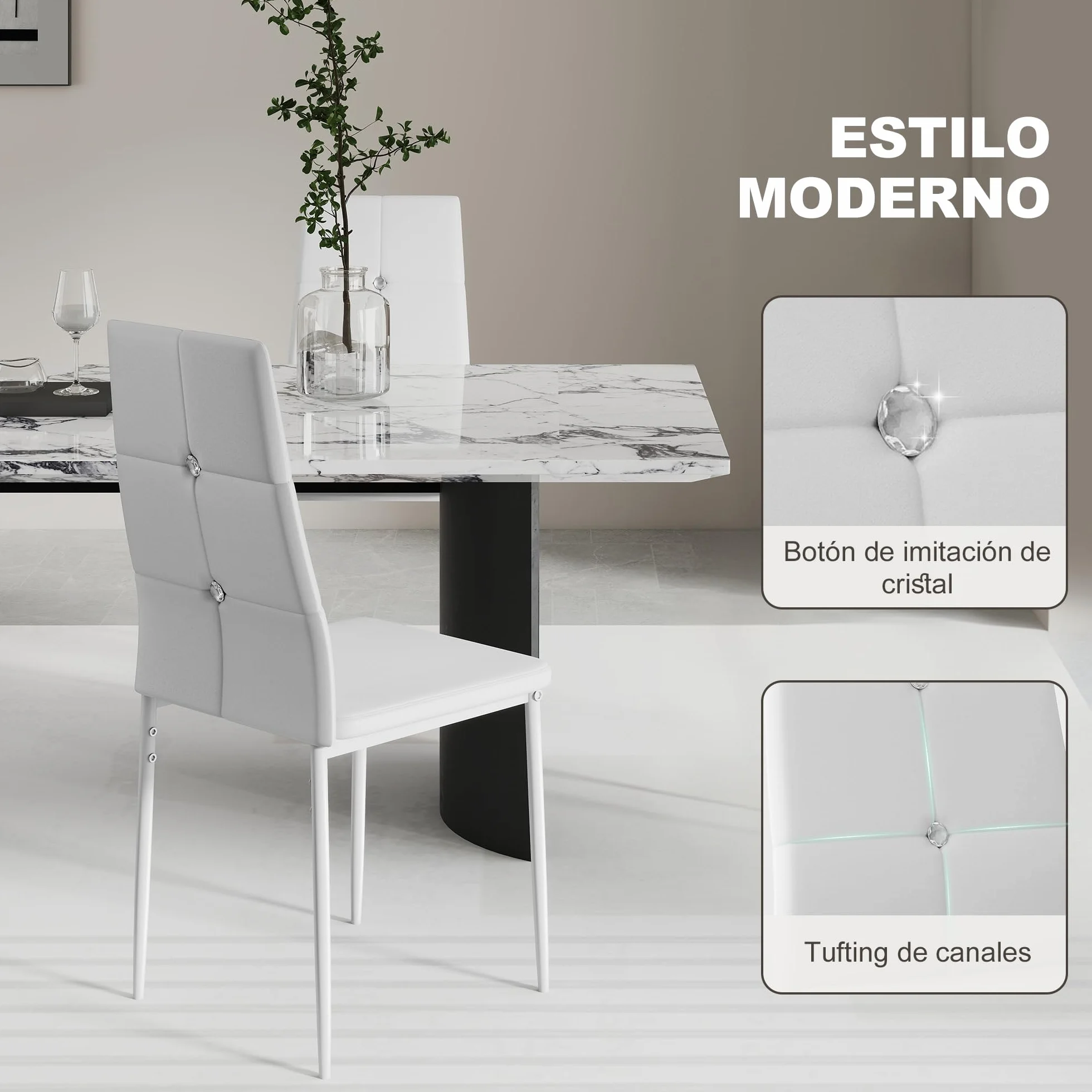 HOMCOM Juego de 6 Sillas de Comedor con Respaldo Alto para Salón Blanco | Tapizada en PU, Sillas de Cocina Modernas, Botones, Patas de Acero, Dormitorio