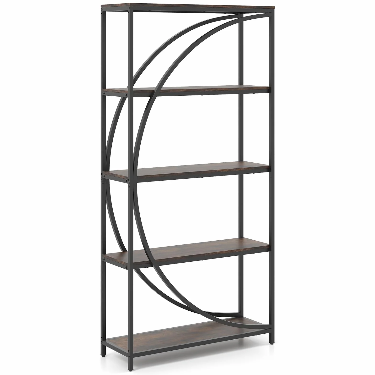 GIANTEX Estantería Alta de 5 Niveles, Librería Independiente en Forma de Media Luna con Estructura de Metal, Mueble de Exhibición para Salón, Estudio, Oficina, 86 x 30 x 175 cm (Marrón)
