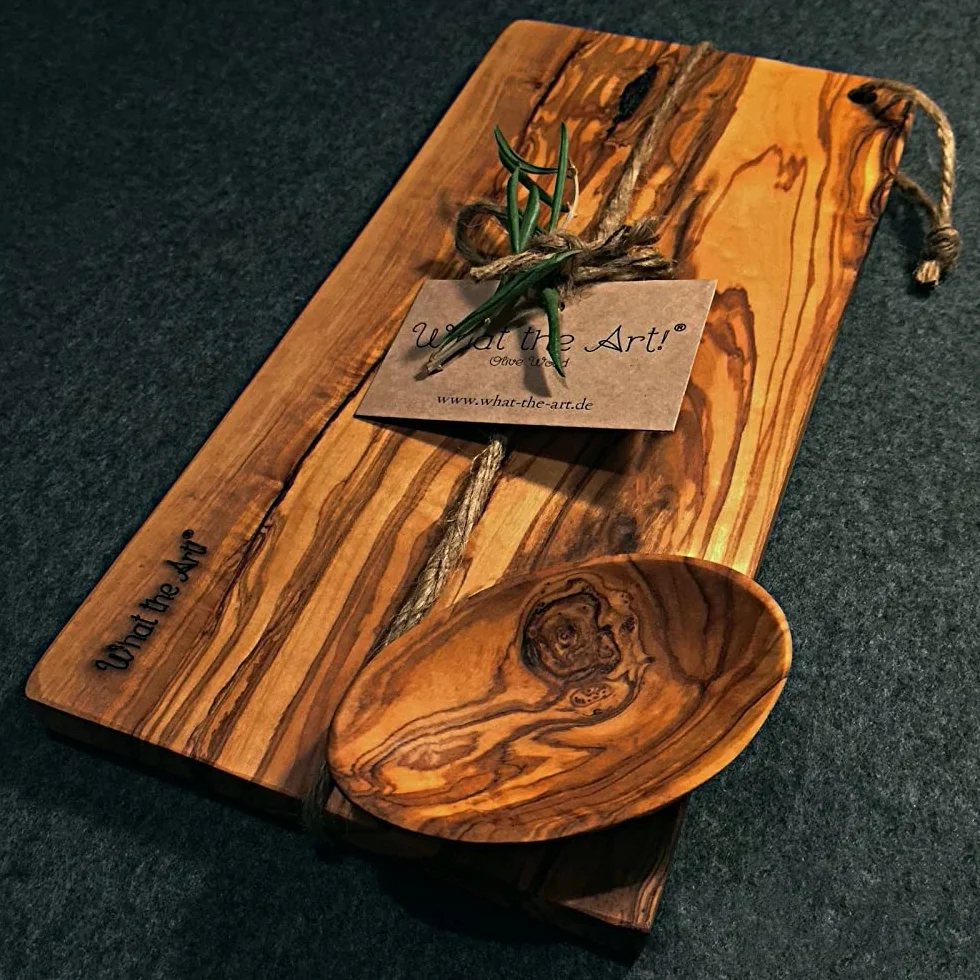 What the Art!® Olive Wood «Karo» M | Tabla de cortar de madera de olivo + cuenco + regalo | 30 x 15 x 2 cm
