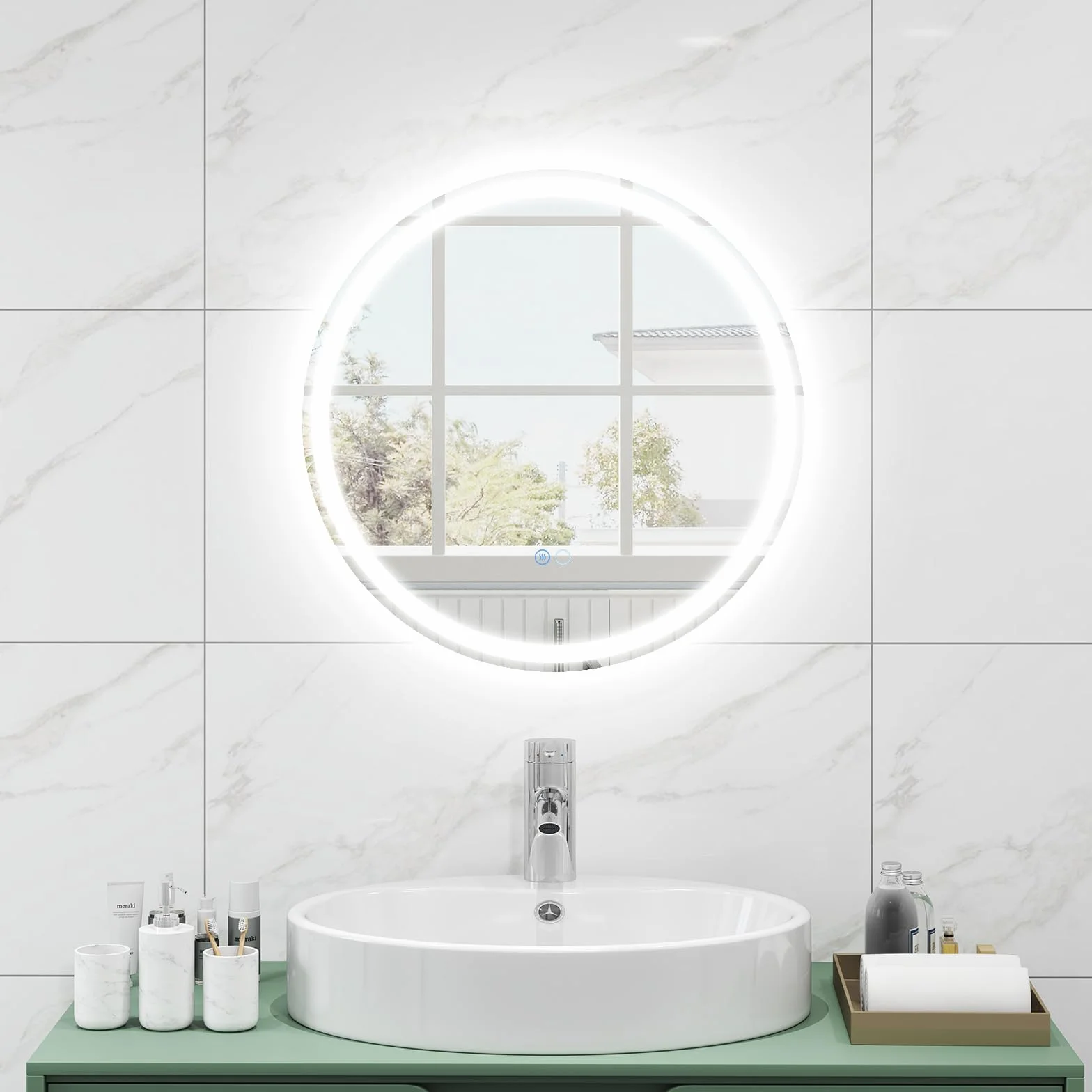 FANTASK Espejo de baño LED con iluminación, 60 cm, Redondo, antivaho, Espejo de Pared Regulable con Interruptor táctil y función de Memoria, Espejo Colgante LED para baño, 60 x 60 cm, Plateado