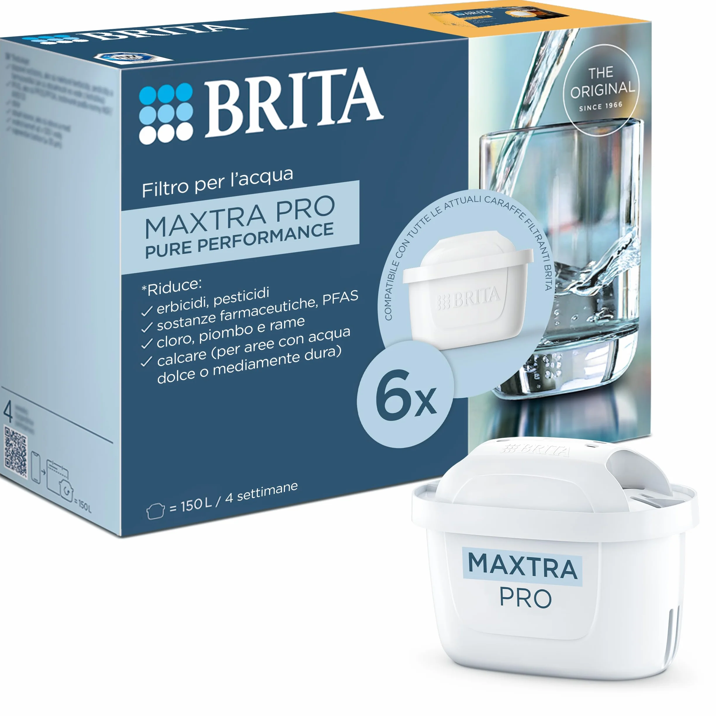 BRITA Maxtra Pro - Filtro de agua para grifo All-in-1, paquete de 6 filtros, reduce el cloro, la cal y el PFAS, compatible con jarra de agua filtrante BRITA