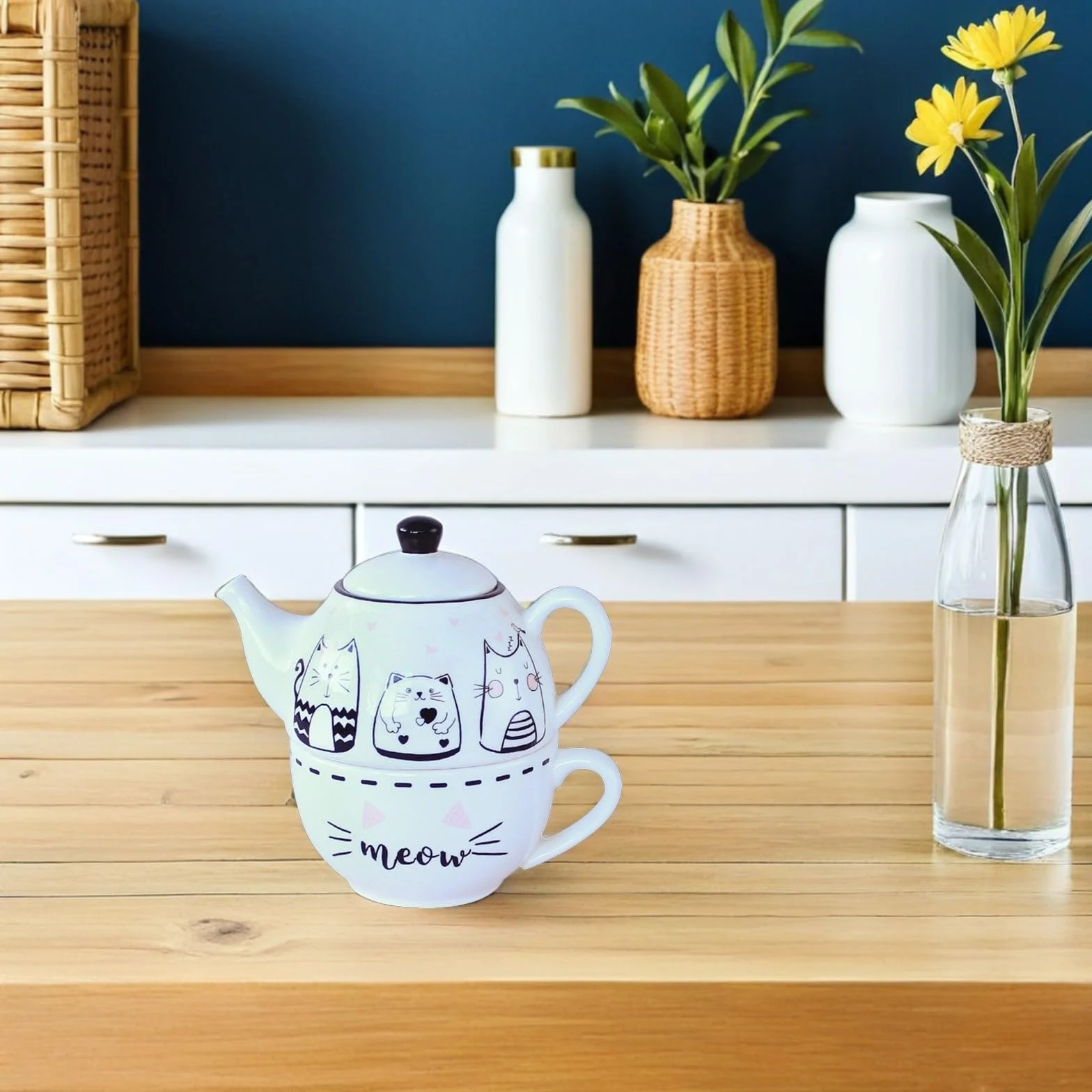 Didiseaon Juego de Té Diseño Original y Elegante de Cerámica Forma de Gato Blanco Tetera y Taza Decorativa para Uso Diario para Aficionados al Té