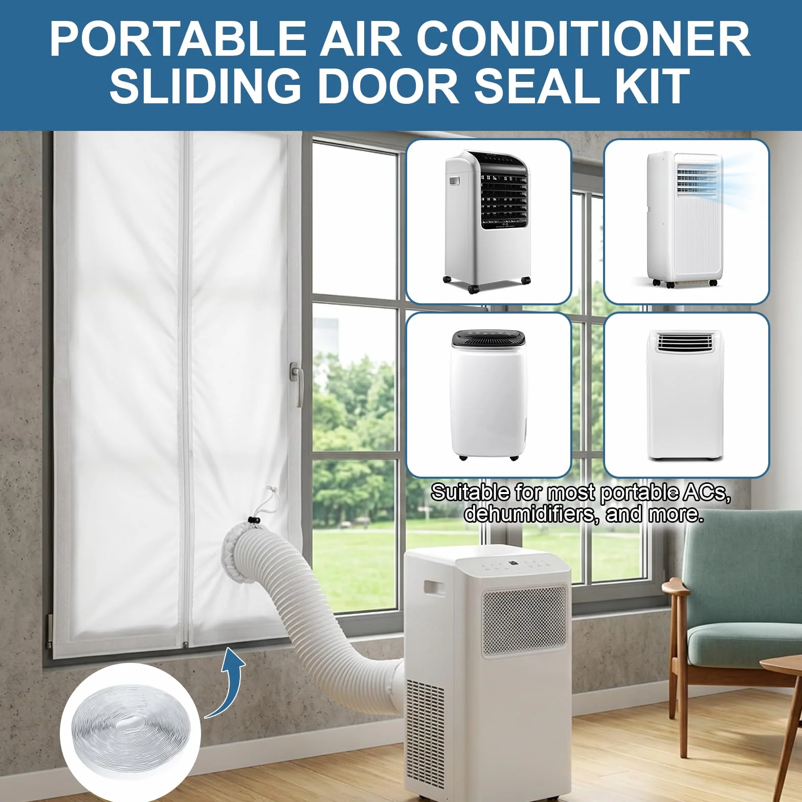 Ninonly Kit Puerta Corredera Aire Acondicionado Portatil con Cremallera 7m Velcro Fácil Instalación,Bloquea el Aire Caliente para Aires Acondicionados Portatil para Puertas (100x210cm)