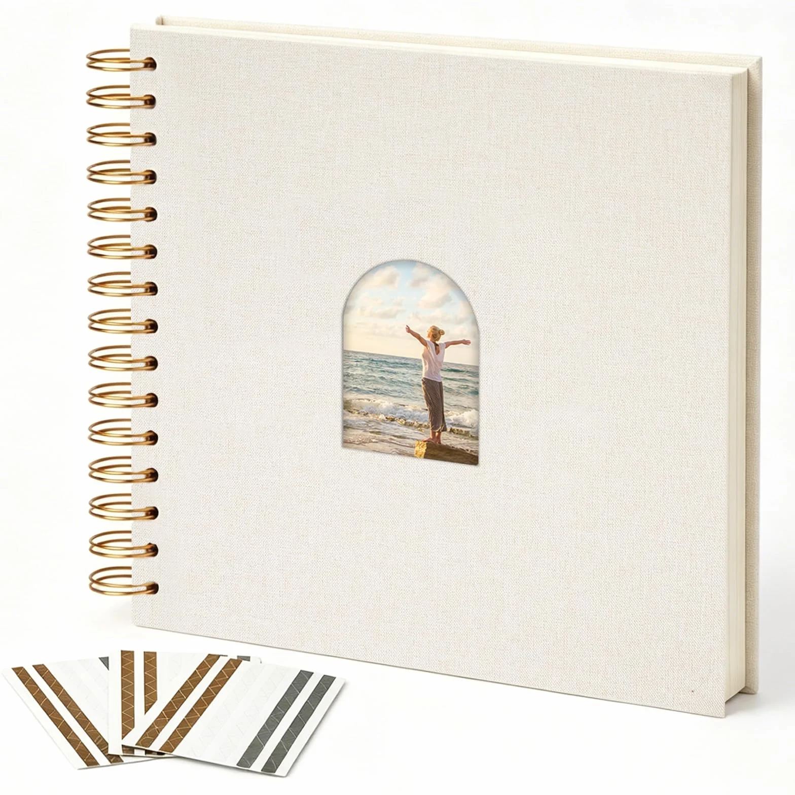 Vienrose Álbum de recortes de 12 x 12 pulgadas, álbum de fotos con ventana de arco de lino, 80 páginas en blanco, álbumes de fotos para boda, baby shower, color beige