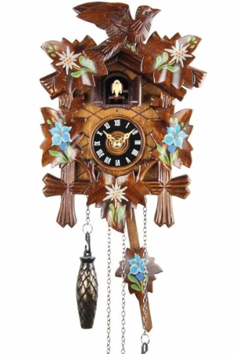 Reloj de cuco de 22 cm de madera auténtica pintada, con sonido, funcionamiento a pilas y mecanismo de cuarzo