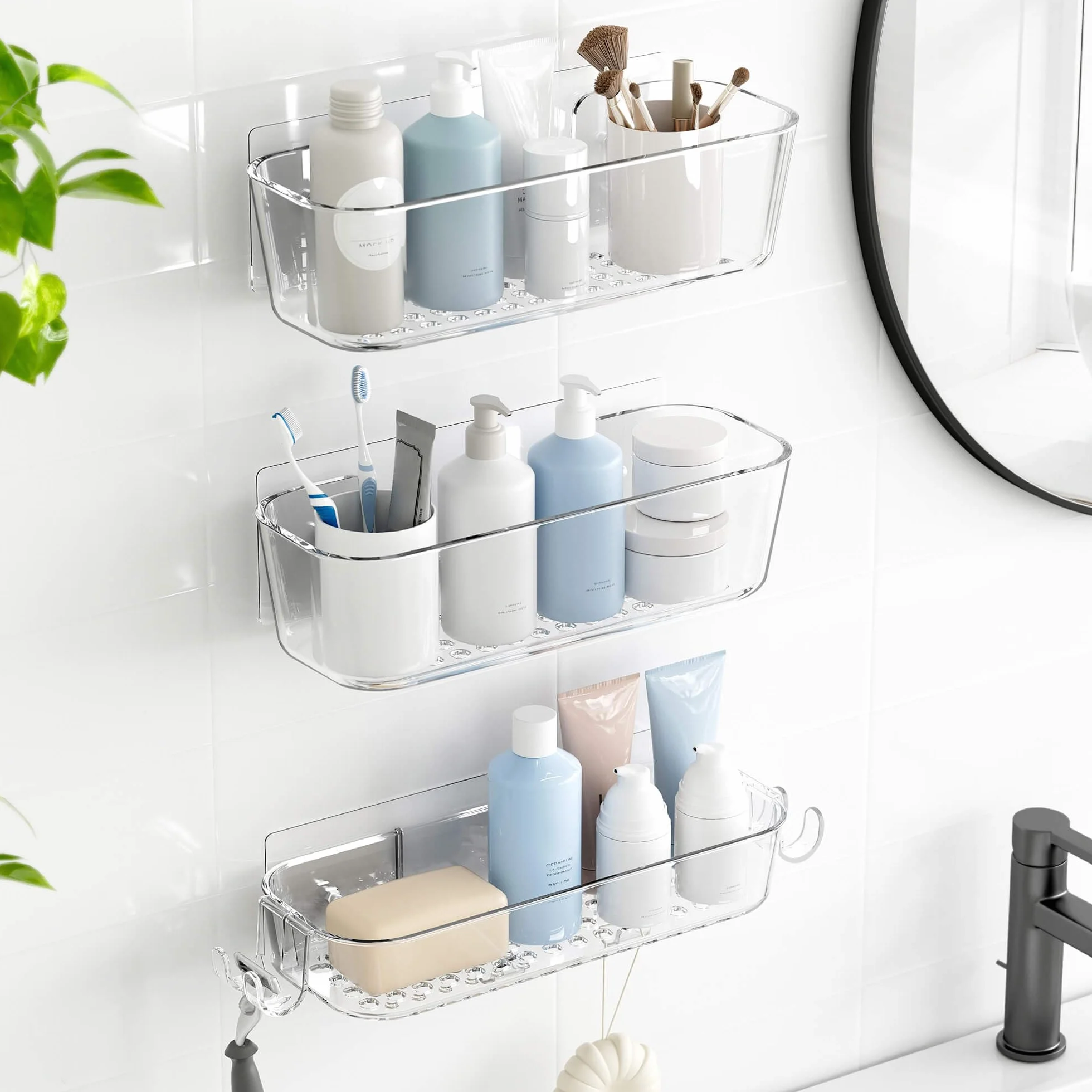 TZAMLI Organizador de ducha adhesivo, estante de ducha resistente al óxido con soporte para maquinilla de afeitar y gancho, estante de ducha para almacenamiento de baño (transparente, paquete de 3)