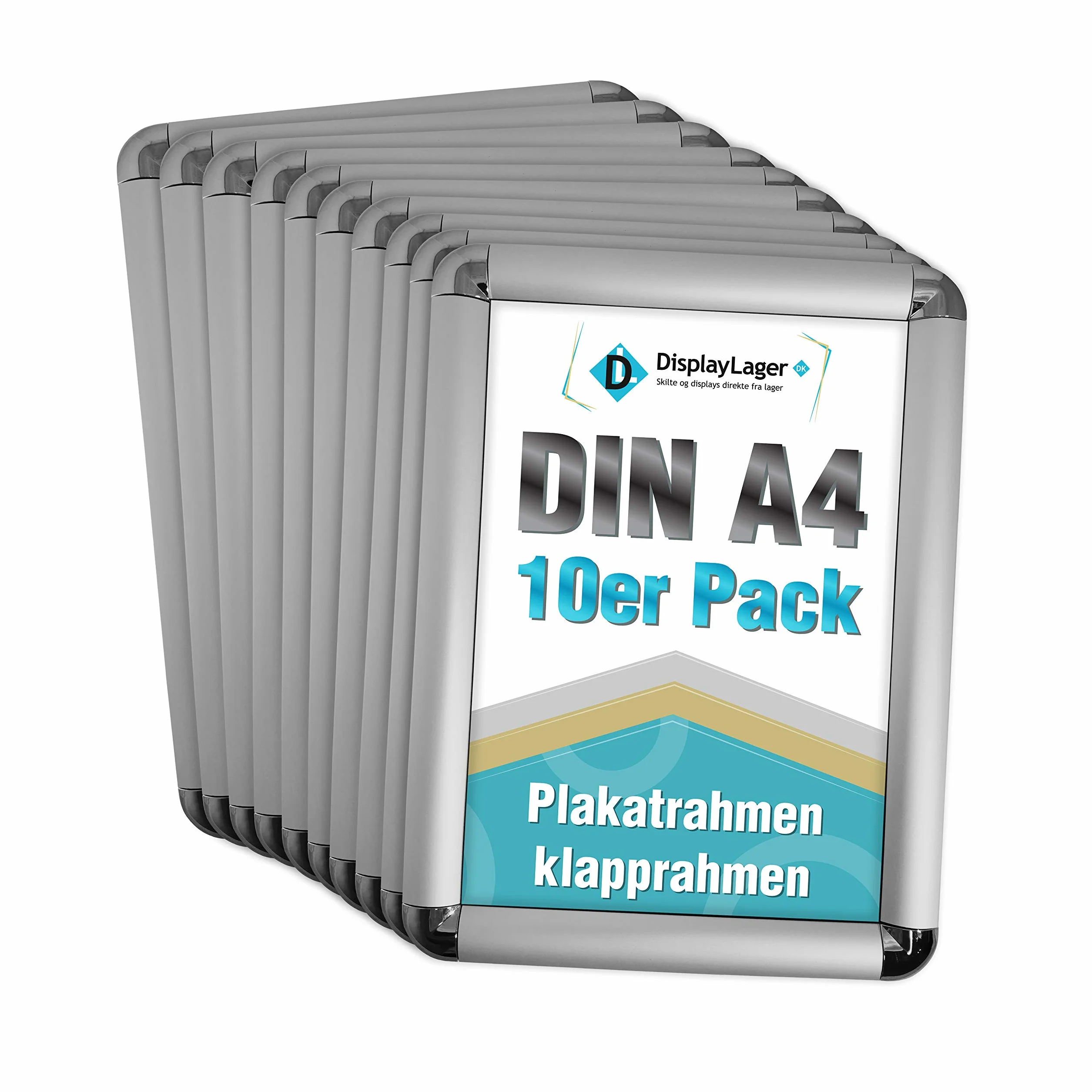DisplayLager, Calidad danesa – Paquete de Ahorro de 10 Unidades, Color Plateado, DIN A4, Marco Plegable con Perfil de Aluminio de 25 mm, Cristal Protector antirreflectante, Material de fijación
