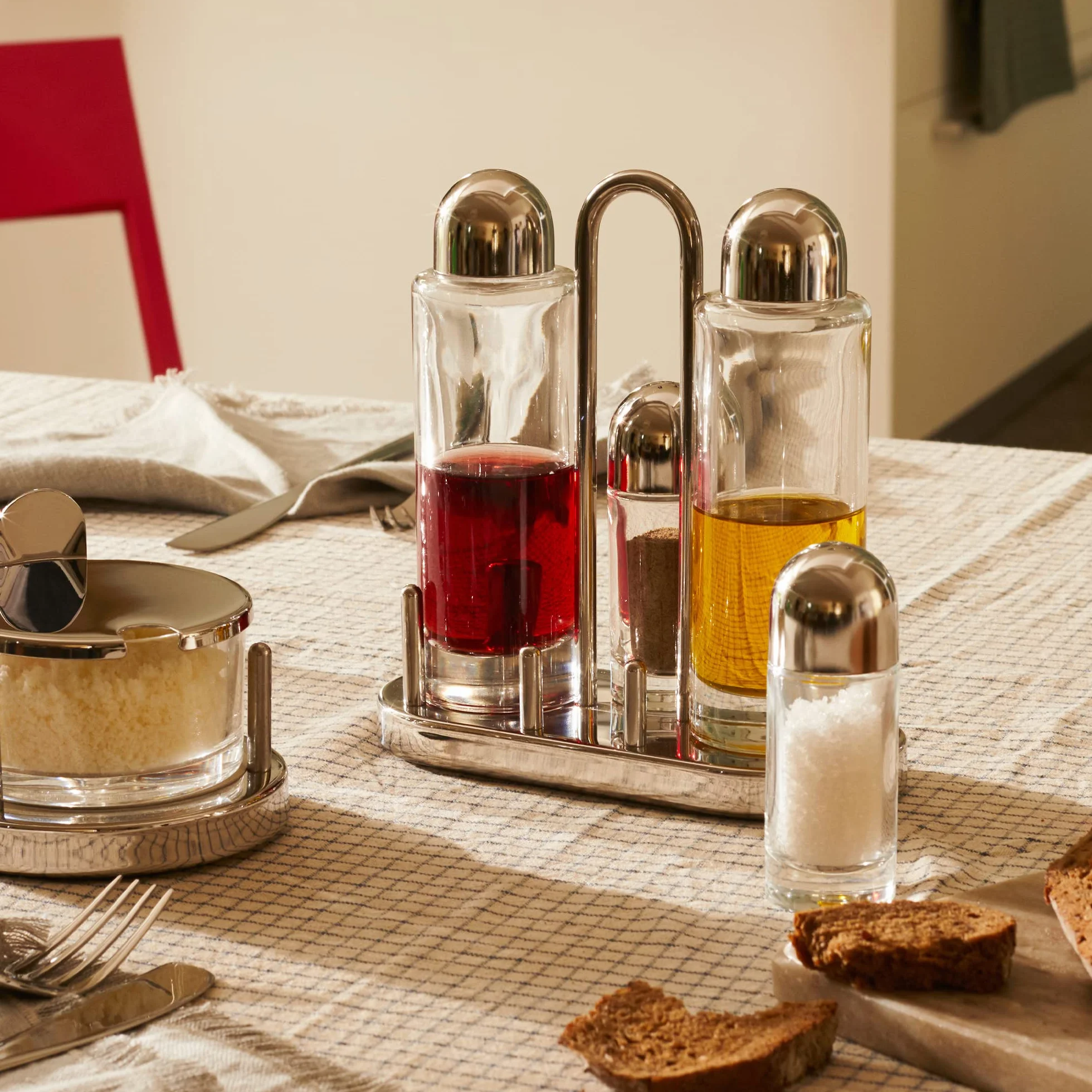 Alessi 5070 - Set de Vinagreras de Diseño para Aceite, Vinagre, Sal y Pimienta en Acero Inoxidable 18/10 y Vidrio Cristalino
