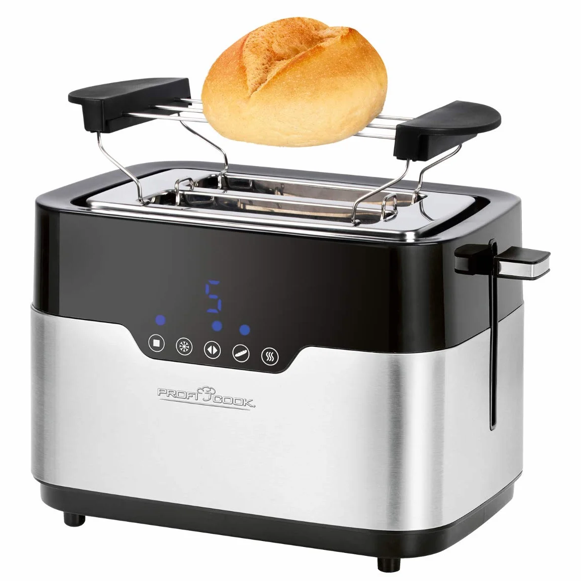 ProfiCook PC-TA 1170 Tostadora de 2 discos, Sensor Touch, Soporte para panecillos, Cajón para migas, Función de centrado, Almacenamiento compacto, 7 niveles de bronceado, Negro
