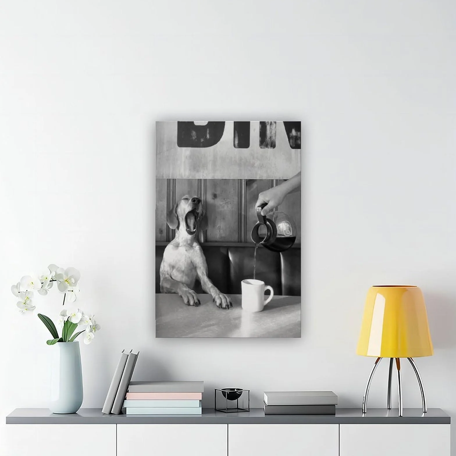 Póster de lienzo retro en blanco y negro con diseño de perro bebiendo café, decoración de dormitorio, paisaje, oficina, habitación, regalo, 40 x 60 cm