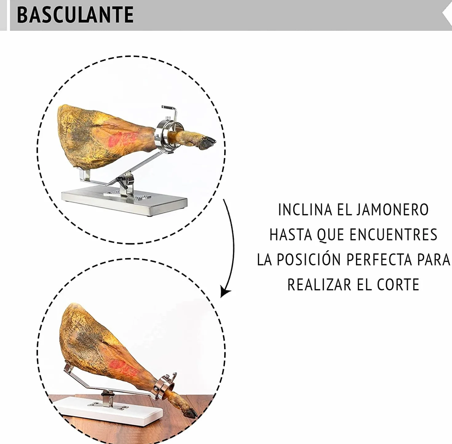 BRICOMIRAS JAMONERO BASCULANTE GIRATORIO CON BASE INOXIDABLE. SOPORTE JAMONERO IDEAL USO DOMÉSTICO Y PROFESIONAL (Inoxidable solo)