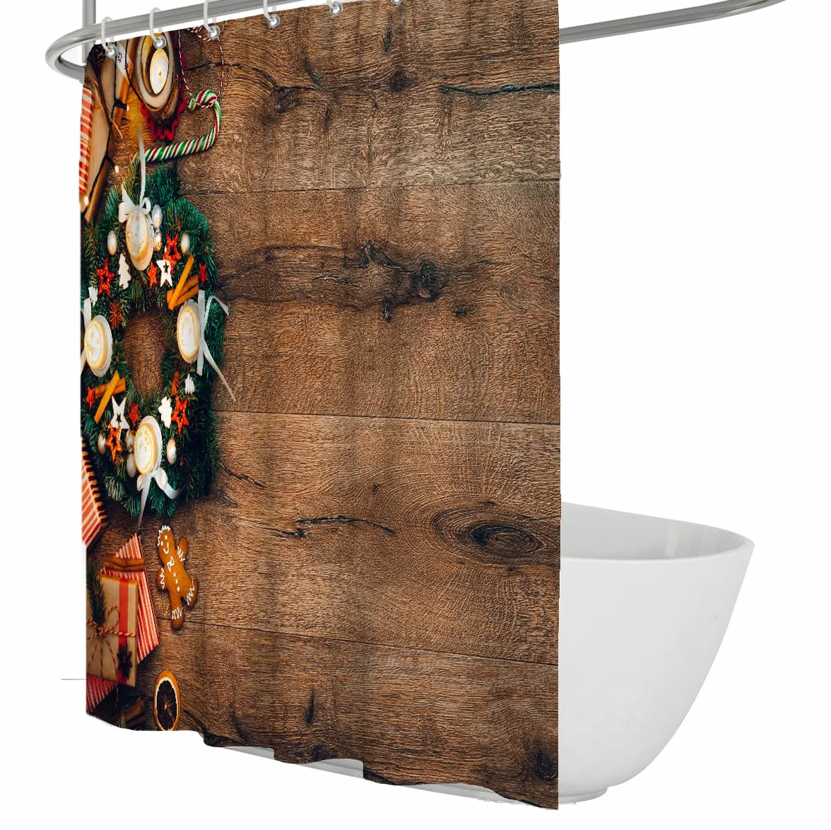 Cortina de Ducha de Tela Lavable Forro de Cortina de Ducha con Fondo de Textura de Madera Vintage Decoración navideña de Granja Juego de Cortinas de baño con Ganchos 200x200cm