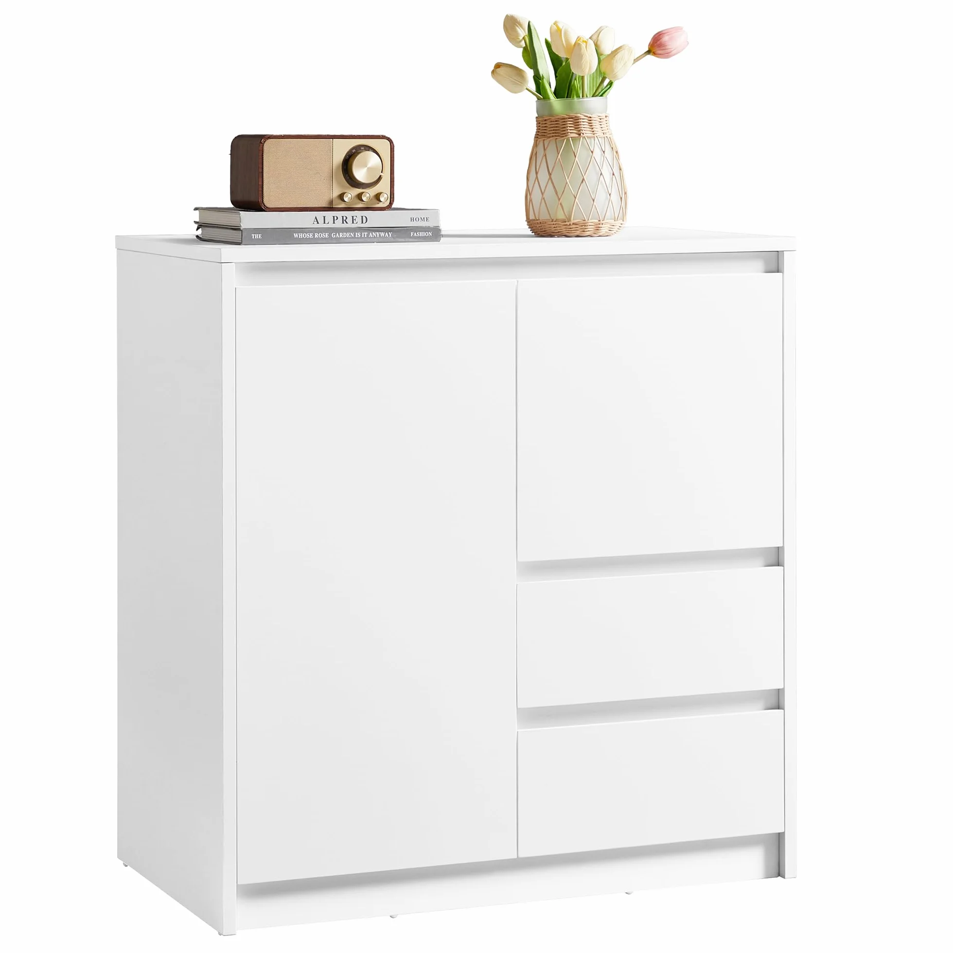 VASAGLE KAILYN Aparador Armario Almacenamiento con Puerta Estante Ajustable 2 Cajones 40 x 70 x 74.5 cm Blanco Nube