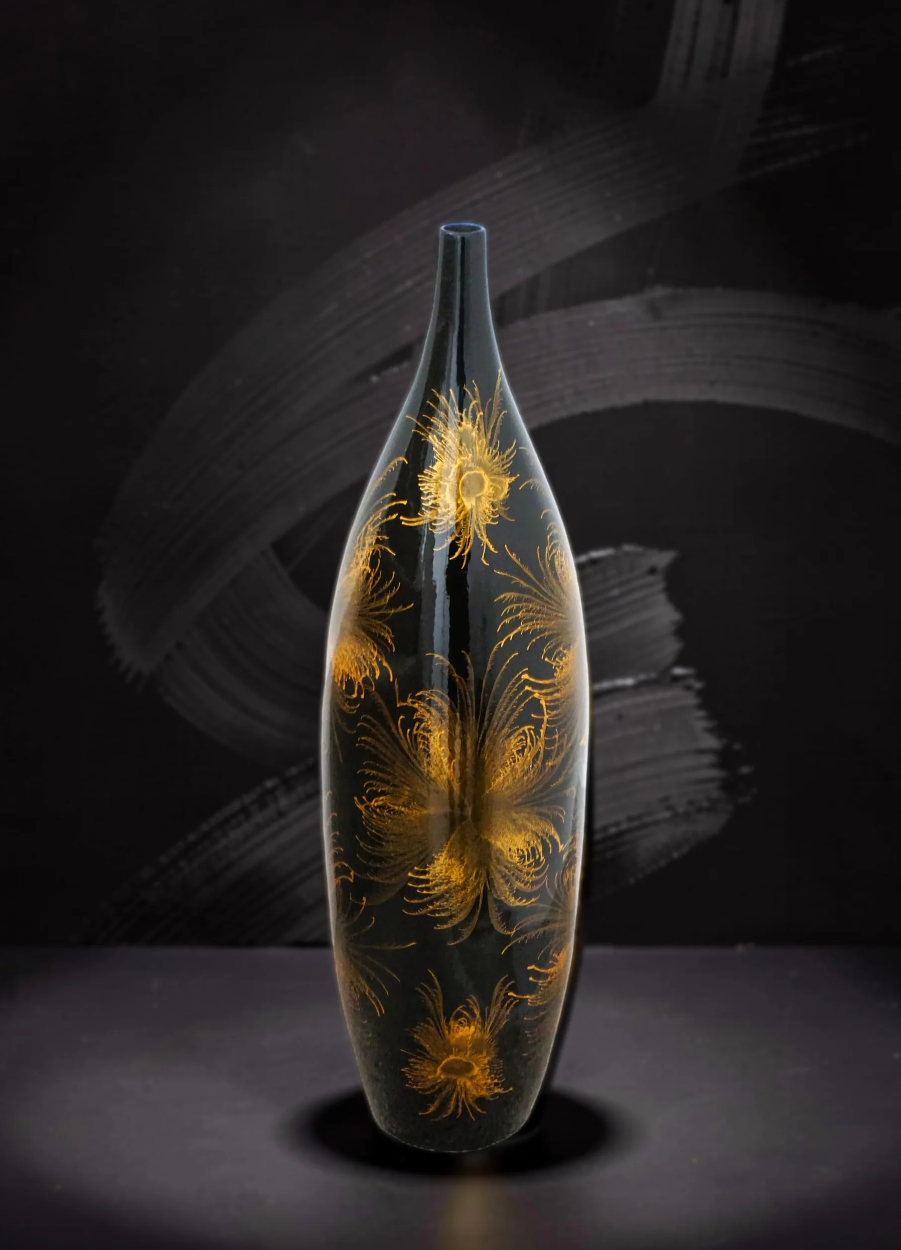 Elegante jarrón de cerámica negro con diseño de fuegos artificiales dorados, 51 cm, cuello estrecho, jarrón decorativo para sala de estar moderna decoración del hogar