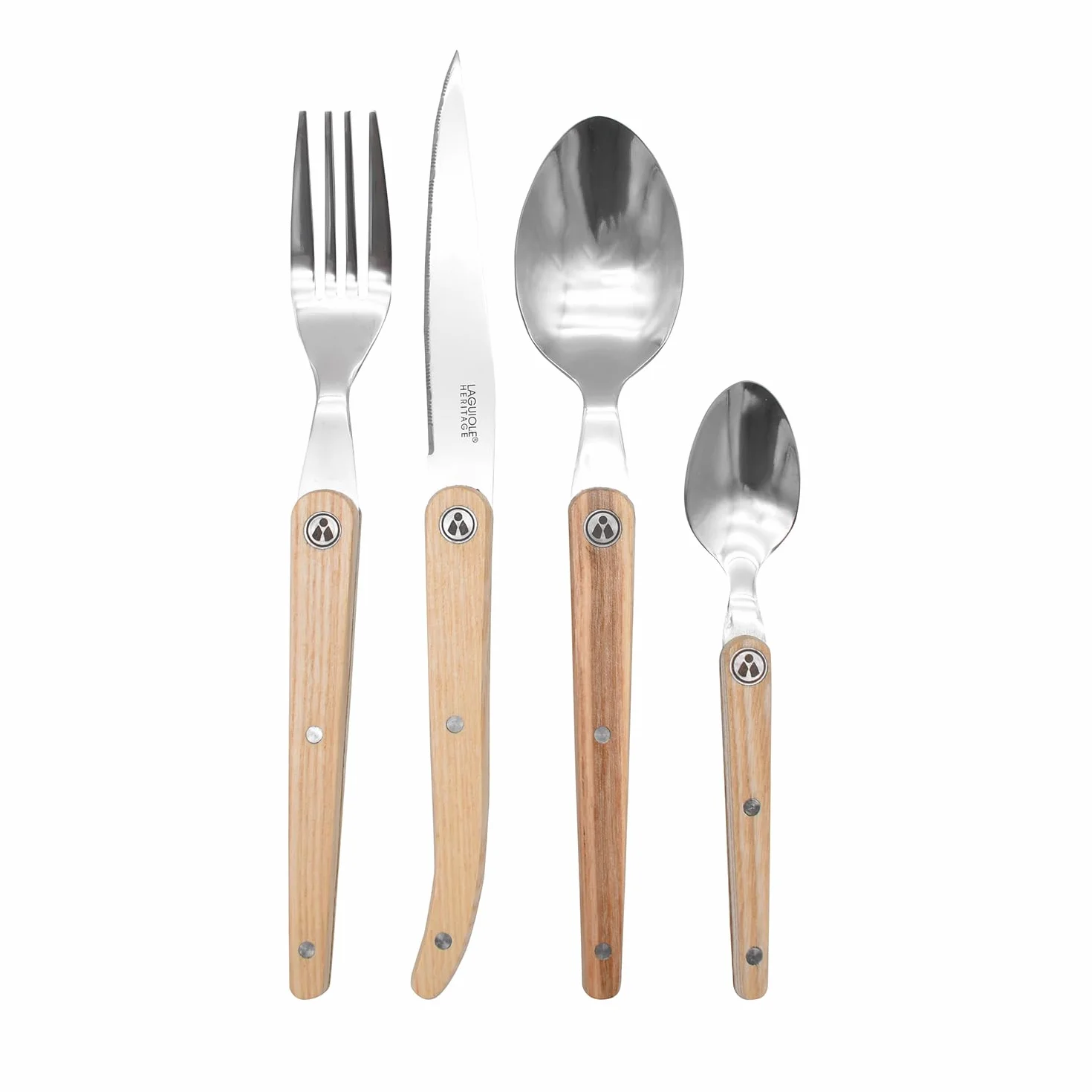 Cubertería Laguiole 16 piezas - Acero inoxidable y madera de fresno - Cubertería de menú para 4 personas - Cubertería de acero inoxidable de alta calidad - Cubertería de diseño con mango de madera