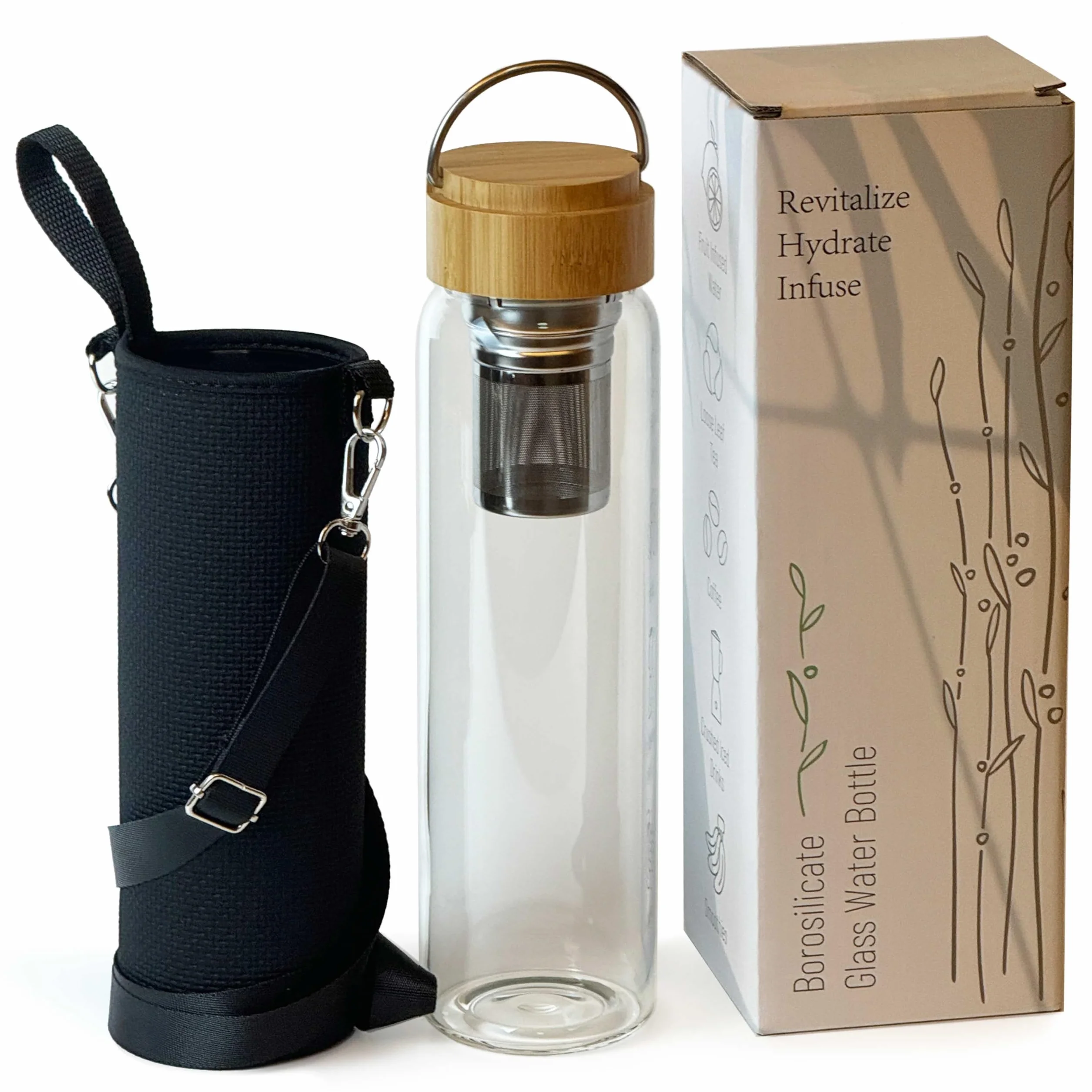 Botella infusora de té de 32 onzas con colador e infusor, botella de agua de vidrio con tapa de bambú y funda (transparente, amarillo, negro)