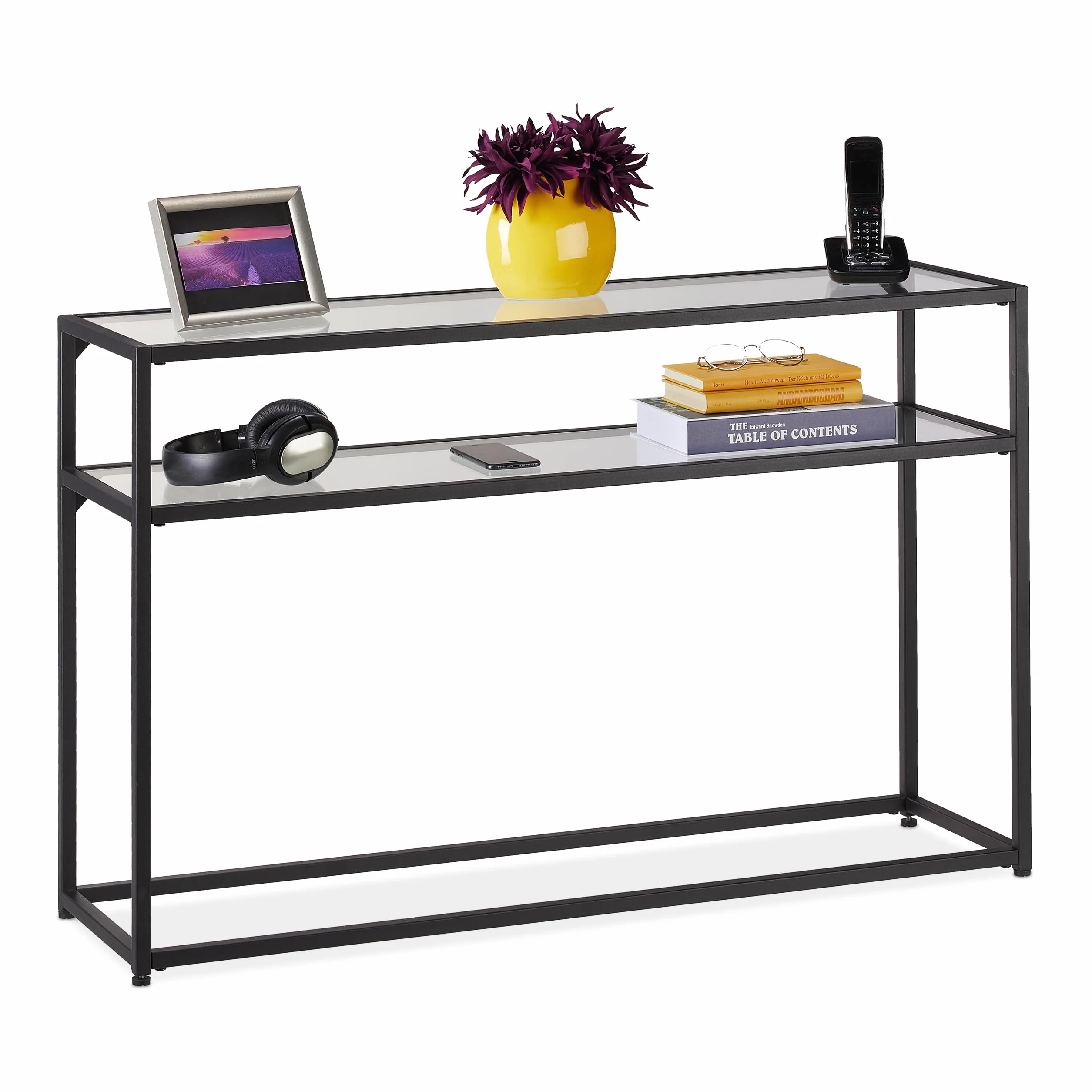 Relaxdays Consola Recibidor Cristal, 2 Tableros, Mesita Entrada, 70x110x30 cm, Pasillo, Metal, Vidrio Templado, Negro