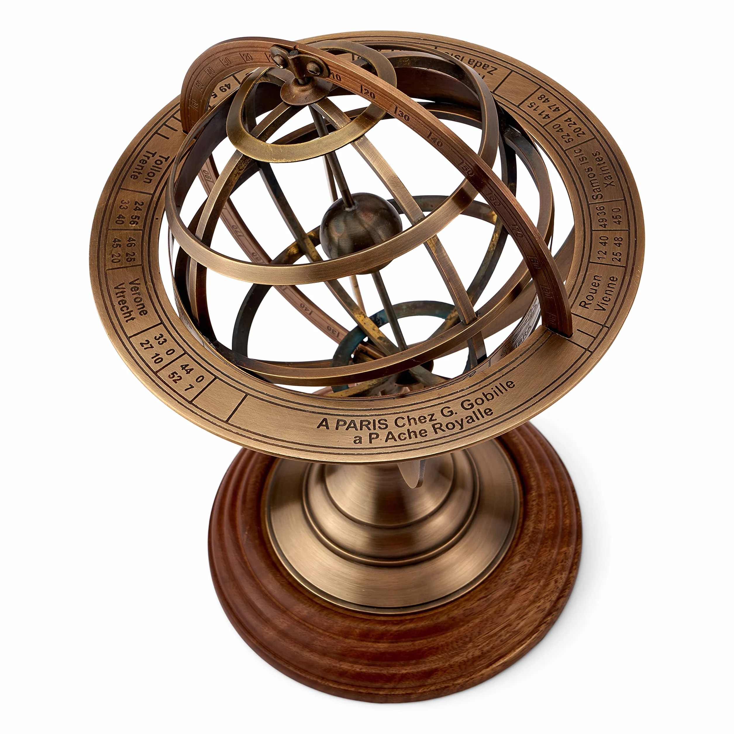 NKlaus Esfera armilar de latón antiguo, base de madera, 27 x 19 cm, bola armilar astronómica 11570
