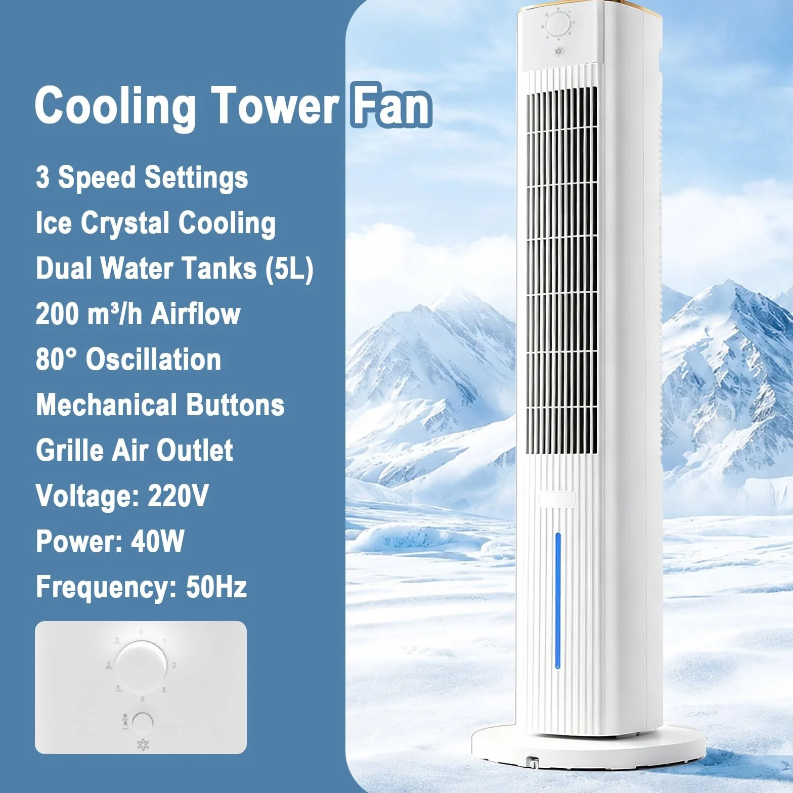 Ventilador Torre Silencioso, 40W Ventilador Columna, Flujo de Aire 200m³/h | Ventiladores de Torre, Oscilación 80°, Doble Depósito de Agua 5L, 3 Velocidades, Estable 30cm, para Hogar