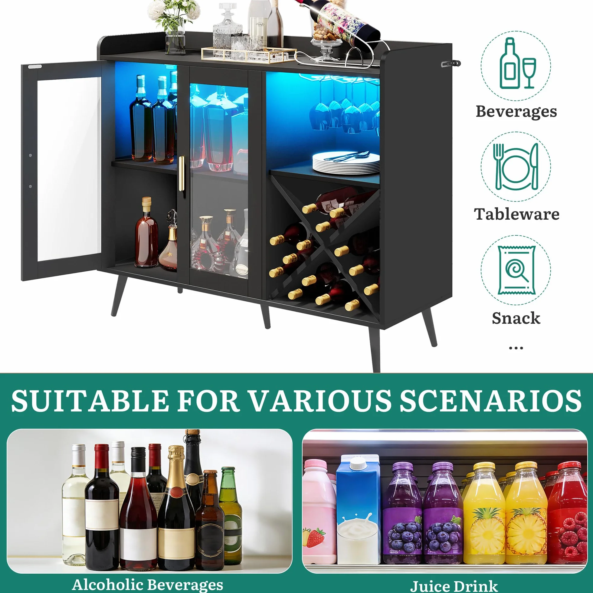YITAHOME Gabinete de Bar con Luces LED Ajustables, Barra de café con Estante para Vino y Ganchos y Armario de Puerta acrílica, aparador de Buffet de Cocina para el hogar, Bar, Comedor, Sala de Estar
