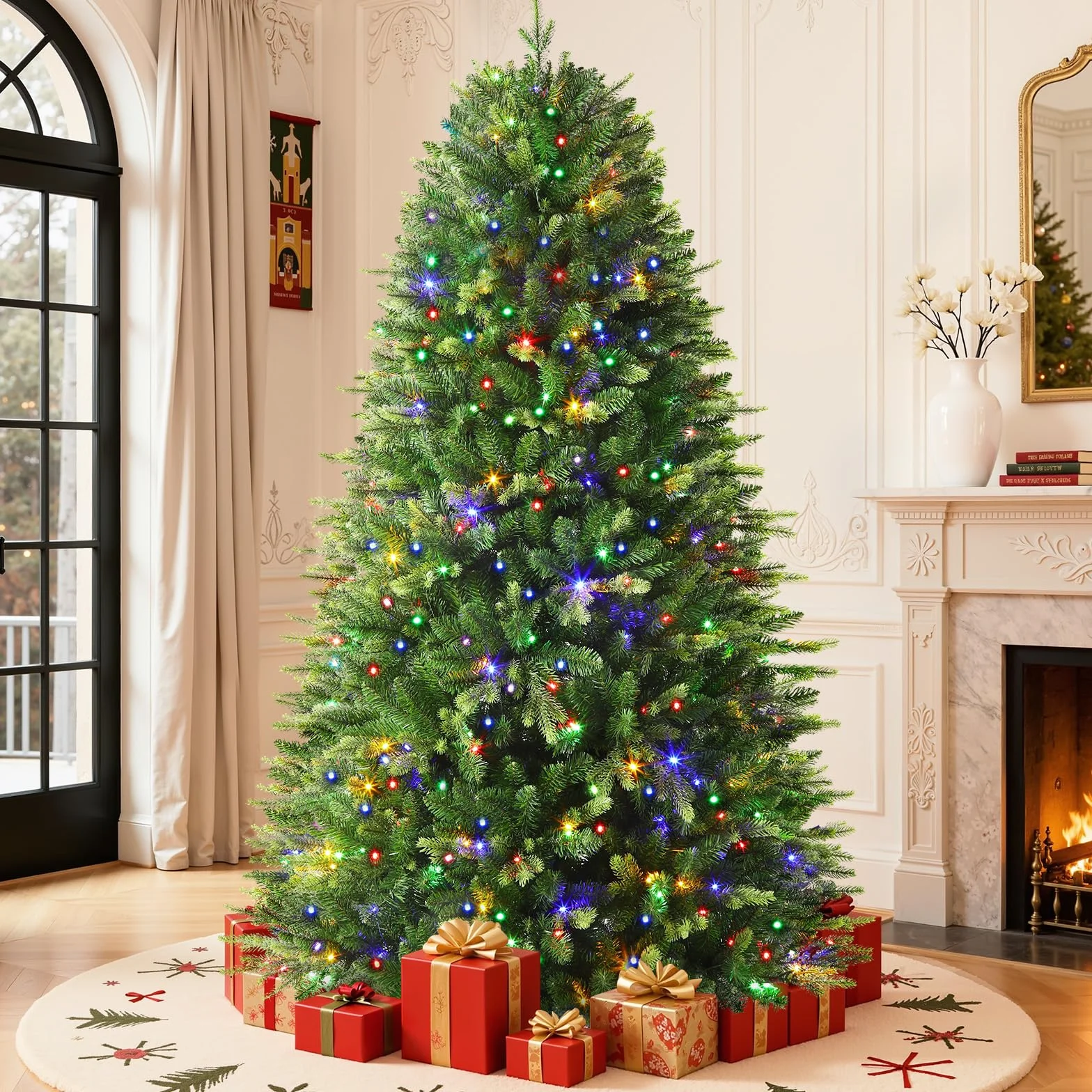 SHareconn PE+PVC Árbol de Navidad con Luces Incorporadas, Arbol de Navidad Realista con 900 Ramas Ajustables, 270 Luces LED de Colores, 12 Modos de Iluminación, Soporte de Metal Plegable, 180 cm
