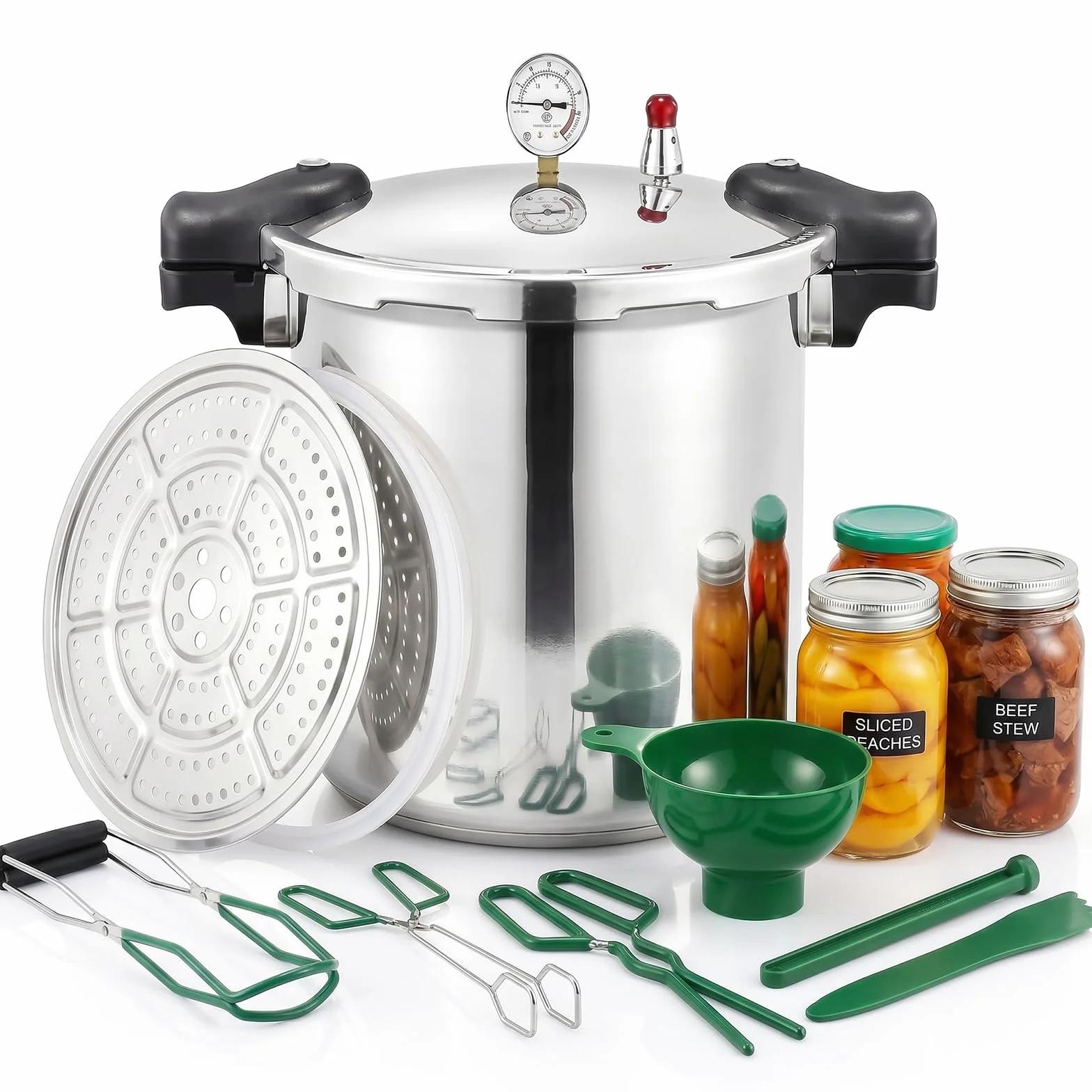 25 liter pressure cooker & Pressure Canner Cooker | induction compatible | Pressure gauge and pressure regulator | Aluminum and stainless steel | 13 Psi (+/- 5%) pressure release