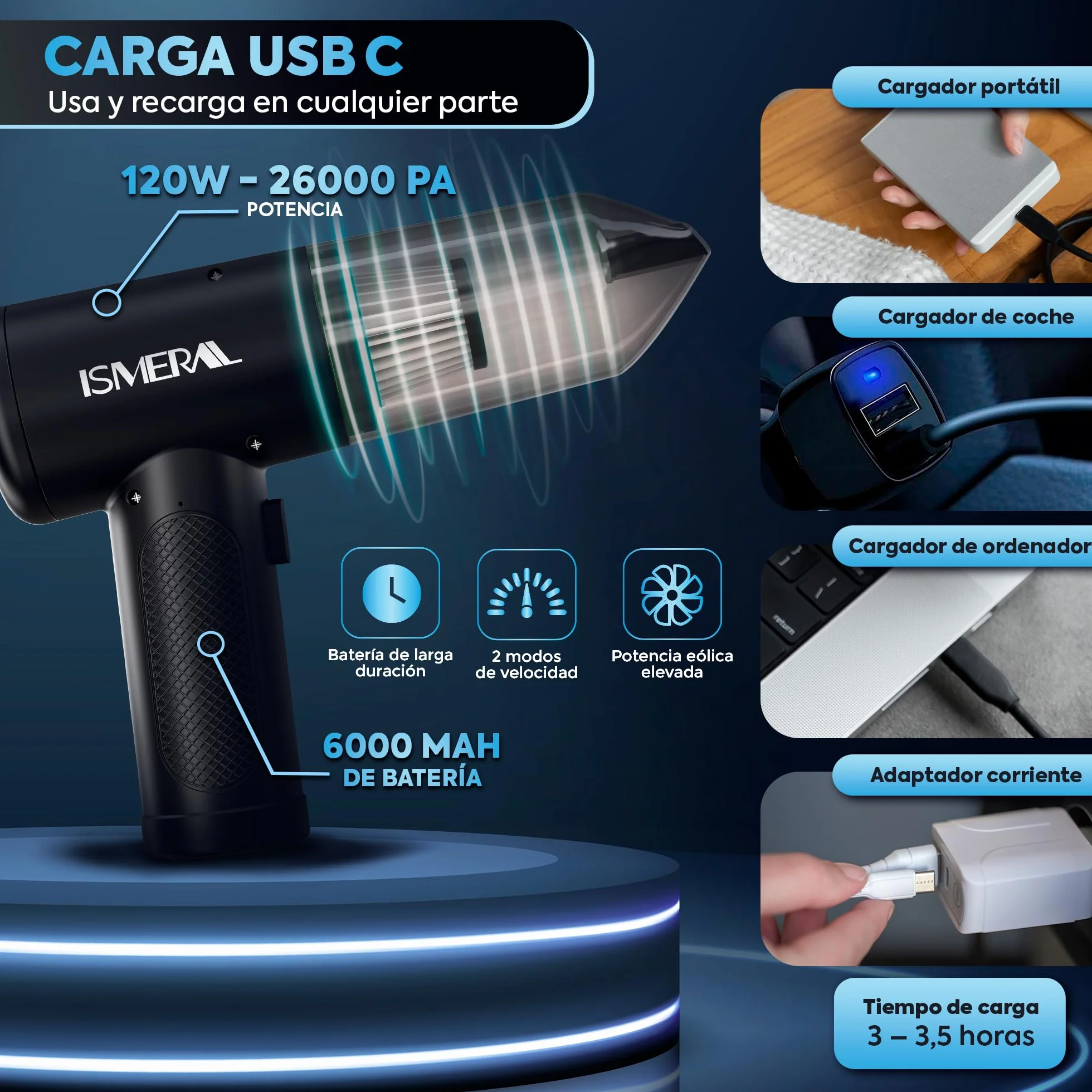 Aspiradora de Mano sin Cable 26000Pa 2 en 1 Soplador-Aspirador para Coche