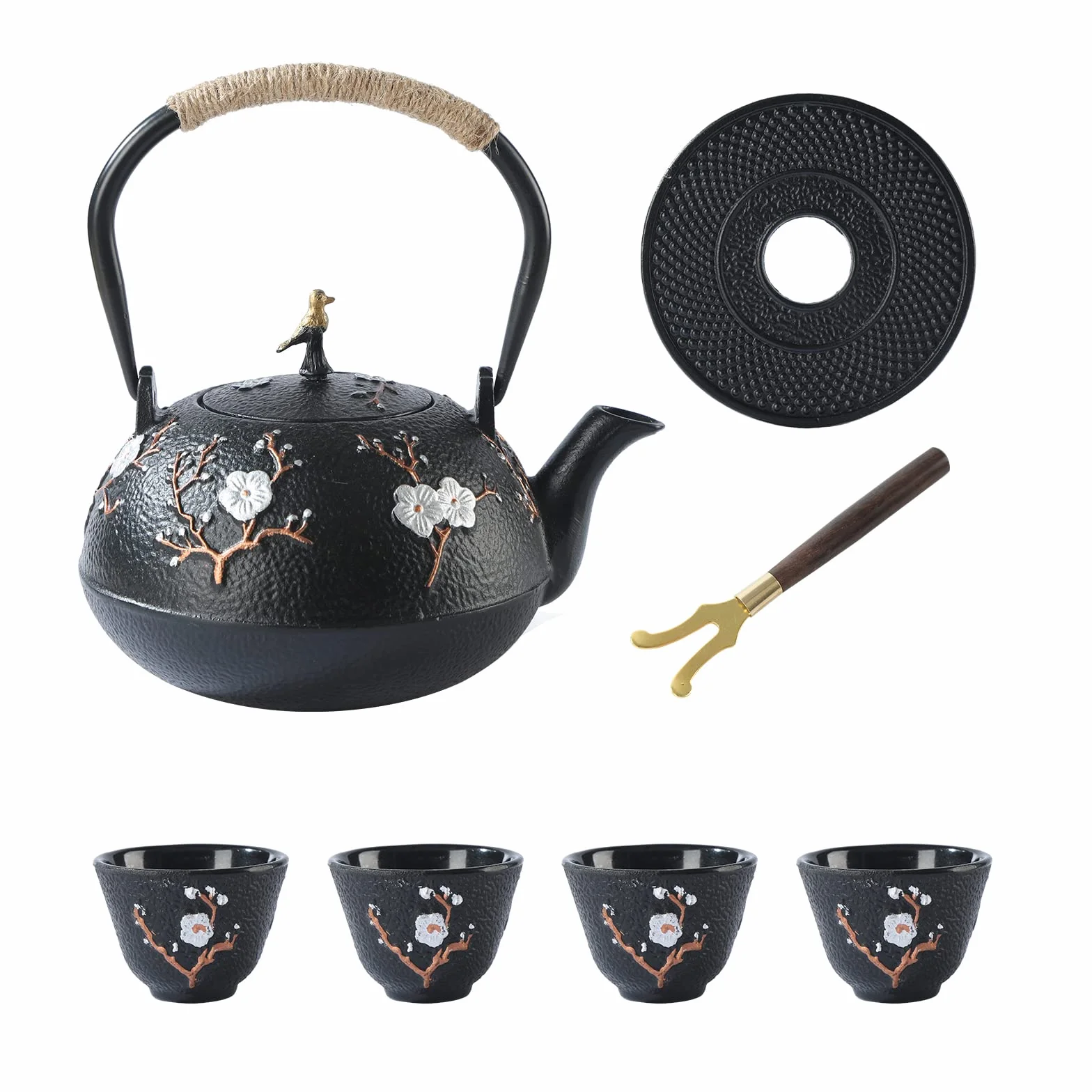 Juego de té de estilo japonés, hermoso juego de tetera de hierro fundido negro con 4 tazas, 1 salvamanteles y 1 soporte de tapa, tetera de 40 onzas con infusor para estufa