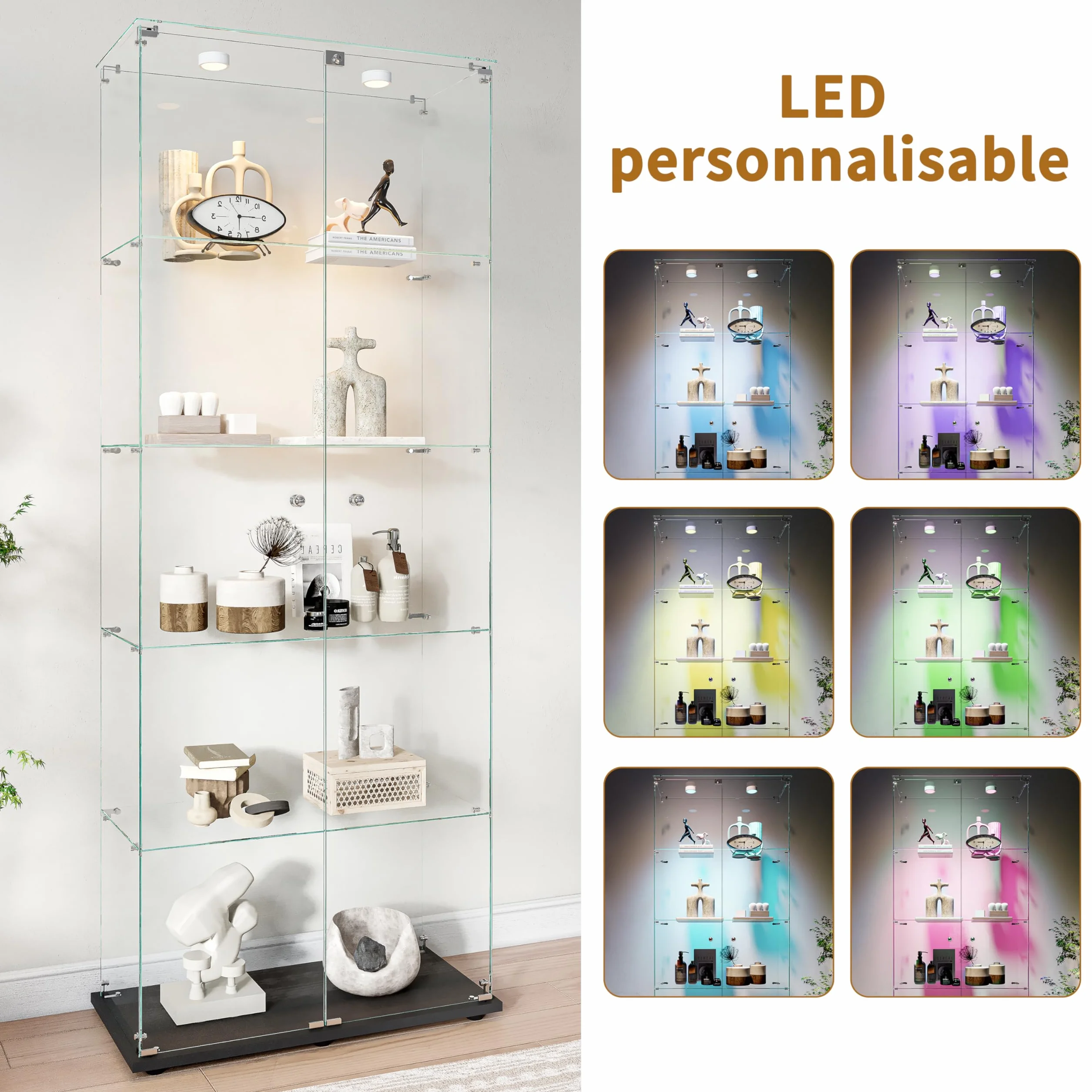 Vitrina de cristal con 2 puertas 5 estantería, mueble vitrina de cristal LED con cerradura, armario de cristal, vitrina de cristal con portavitrinas a pie para colecciónescaparate columna