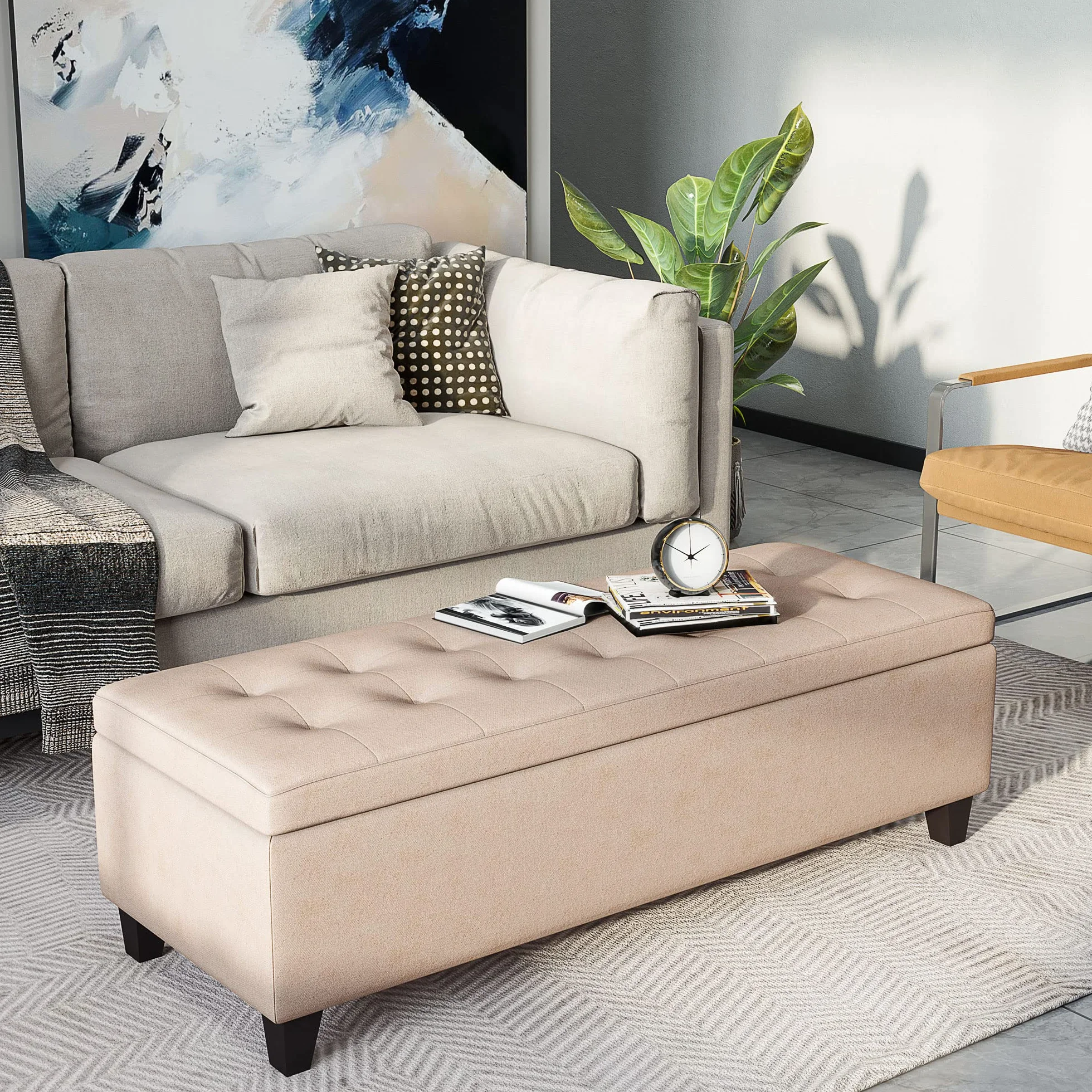 HOMCOM Banco de Almacenamiento Acolchado Puff de Almacenaje Taburete Tapizado en Lino con Tapa Abatible para Salón Entrada Dormitorio Carga 120 kg 125x49x41,5 cm Beige