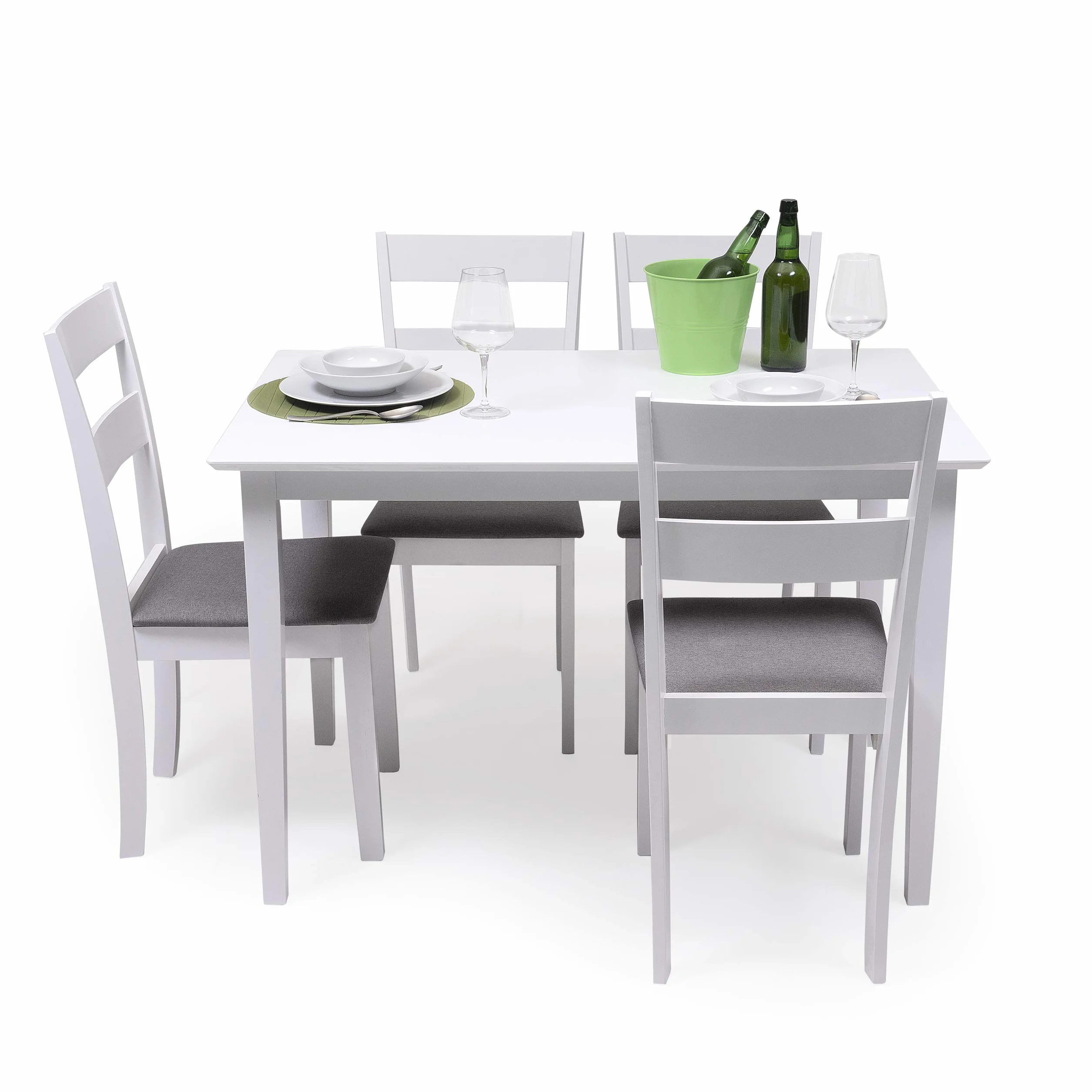 Homely - Conjunto de Comedor Kansas & Dallas White Mesa de Comedor de Madera lacada en Blanco de 112x72 cm y 4 sillas de Comedor de Madera lacadas en Blanco y Asiento tapizado de Tela Gris