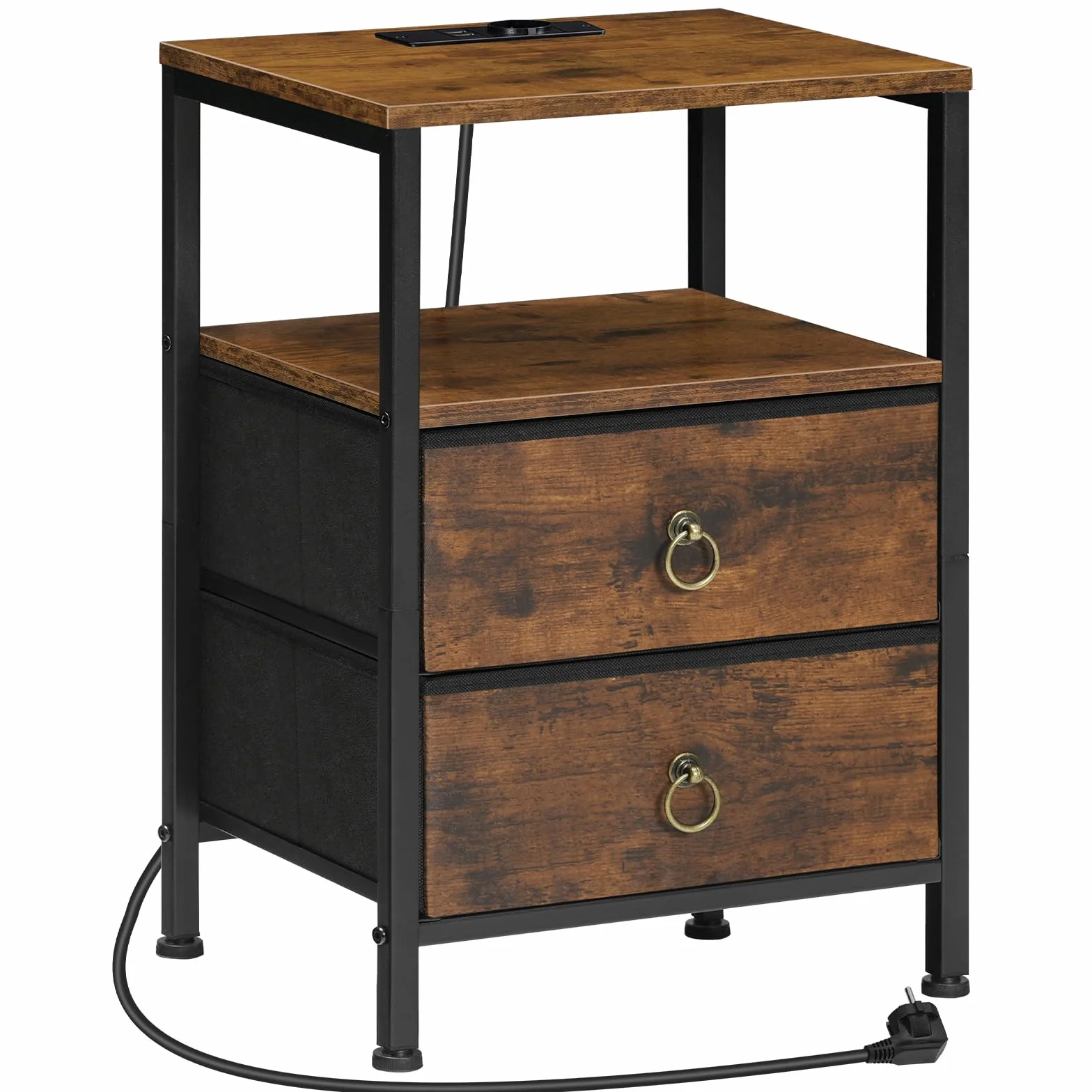 HOOBRO Mesita de Noche con Estación de Carga, Mesa Auxiliar con 2 Cajones de Tela, con 1 Enchufe y 2 Puertos USB, Mesa de Sofá Industrial para Salón, Dormitorio, Marrón Rústico y Negro EBF110CBZ01