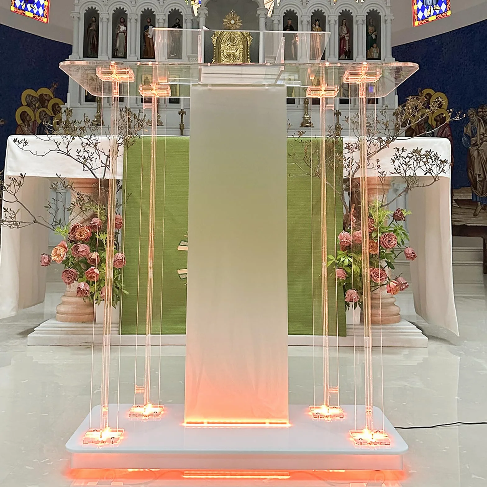 Iglesias púlpito, Atril de acrílico transparente con ruedas y luz LED ajustable de 15 colores, soporte de podio grande de acrílico para iglesia, conferencias, bodas, aulas(40"x17.7"x 46.6")