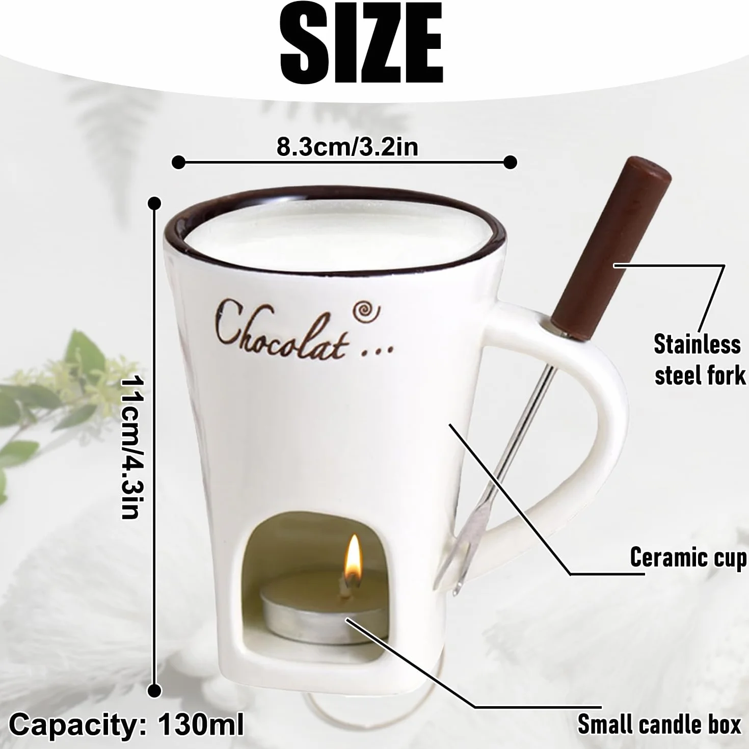 Taza de Fusión de Chocolate 130 ML Juego de Fondue de Chocolate de Cerámica con Tenedores y Vela de Té