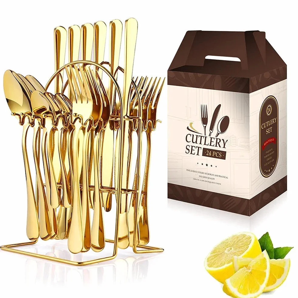 Juego de Cubiertos de Acero Inoxidable de 24 Piezas con Caja de Regalo. Incluye Soporte para Cubiertos Dorado, Cuchillo, Tenedor y Cuchara.