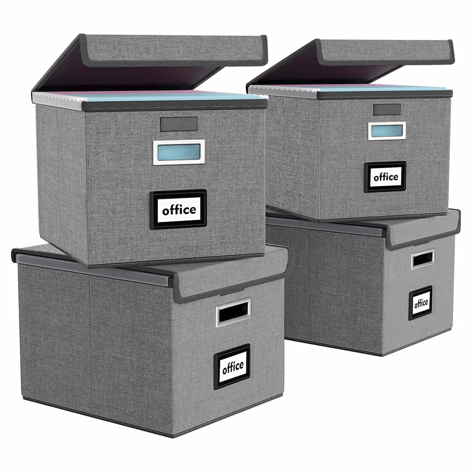 FINEW Caja de almacenamiento plegable de tela con tapa, caja para carpetas colgantes DIN A4, cajas de almacenamiento para oficina, caja plegable para familias (gris oscuro) 4 unidades