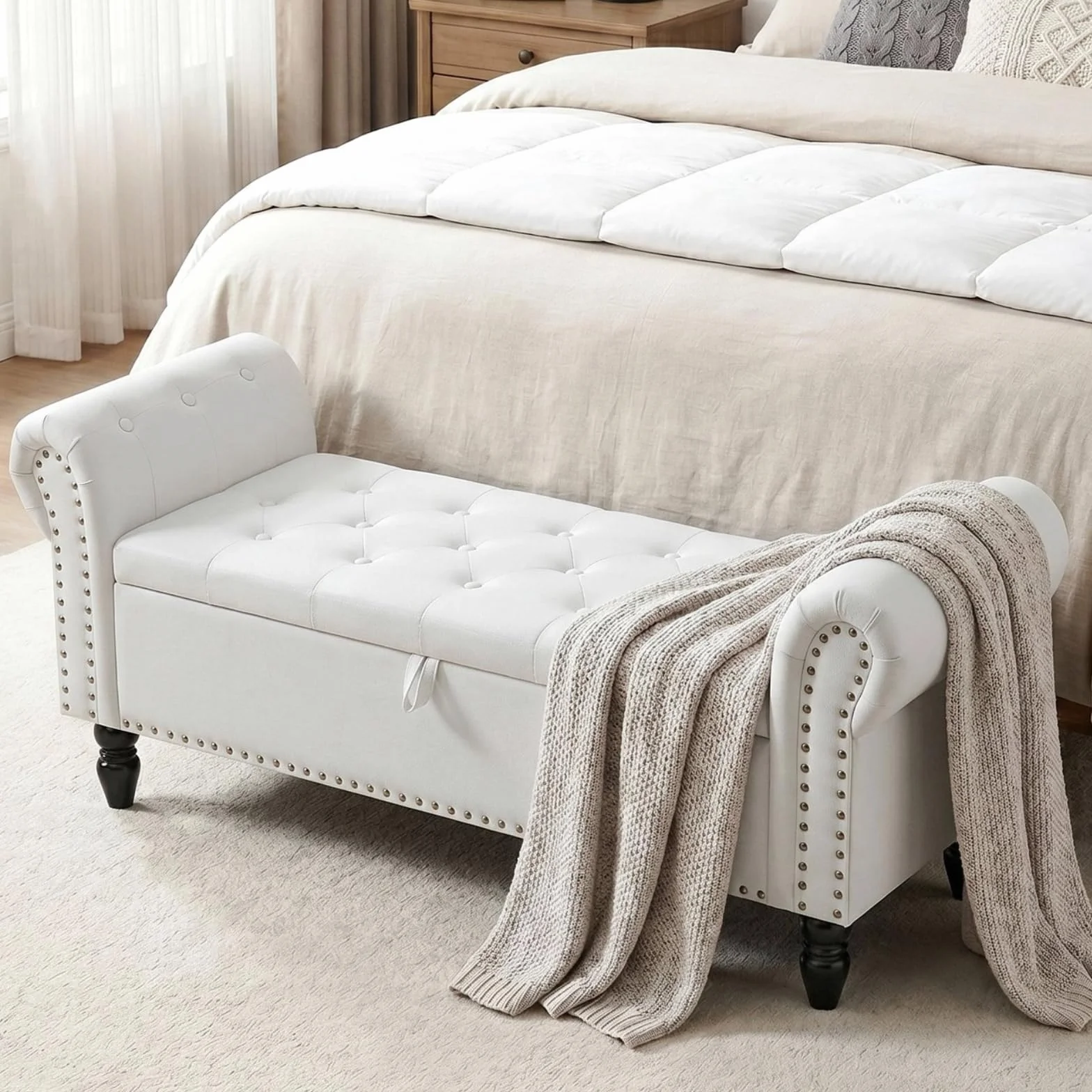 Clevich Banco con Almacenaje 133cm, Terciopelo Baul Almacenaje Dormitorio con Varilla de Elevación, Estilo de Francés, Extremo de la Cama con Tapa, Patas de Madera Maciza (Cremeweiß)