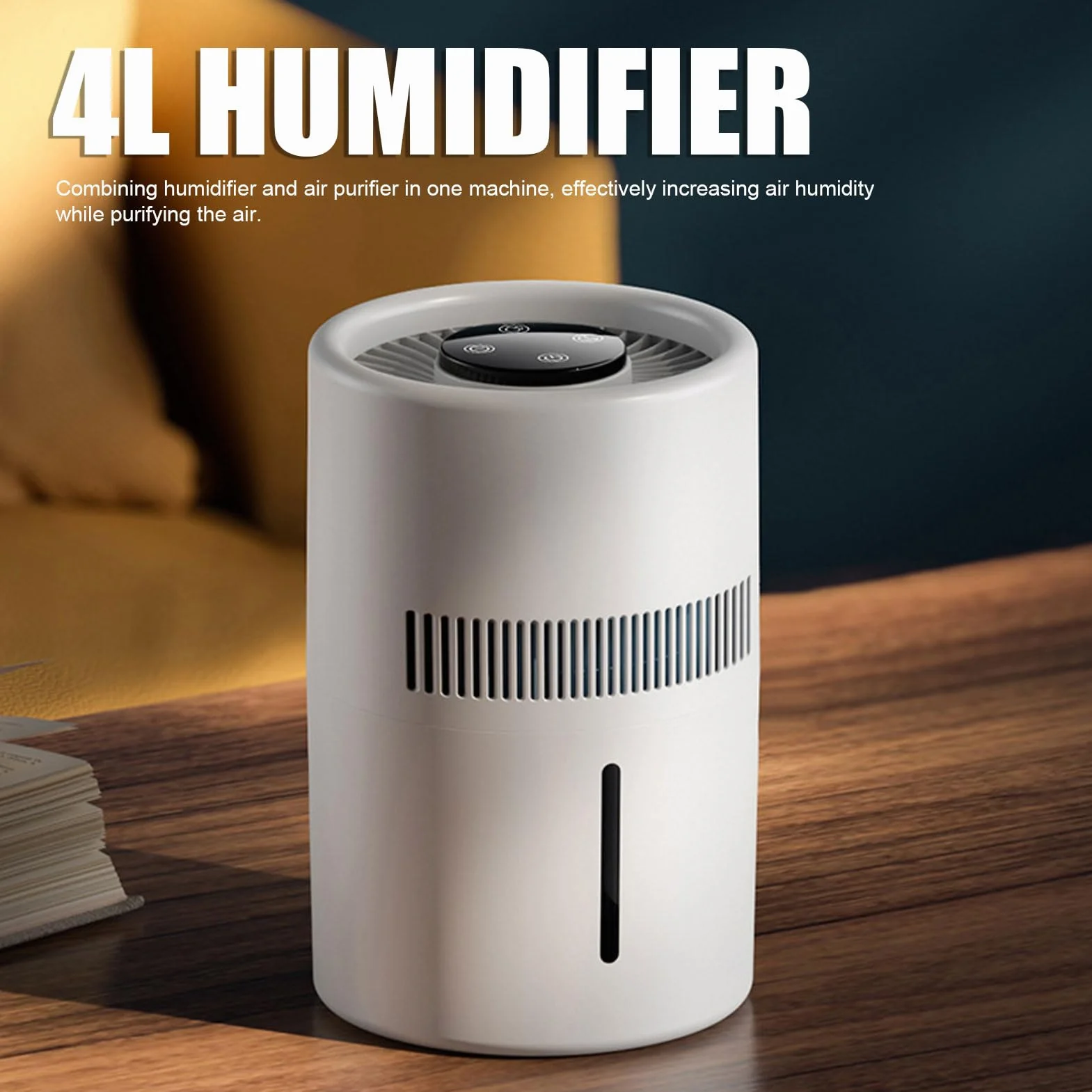 Purificador de Aire y Humidificador 2 en 1, 5 W, 4 L, Tanque de Agua Grande, Silencioso, Humidificador de Escritorio con Boquilla de 360°, Apagado Automático para Dormitorio,