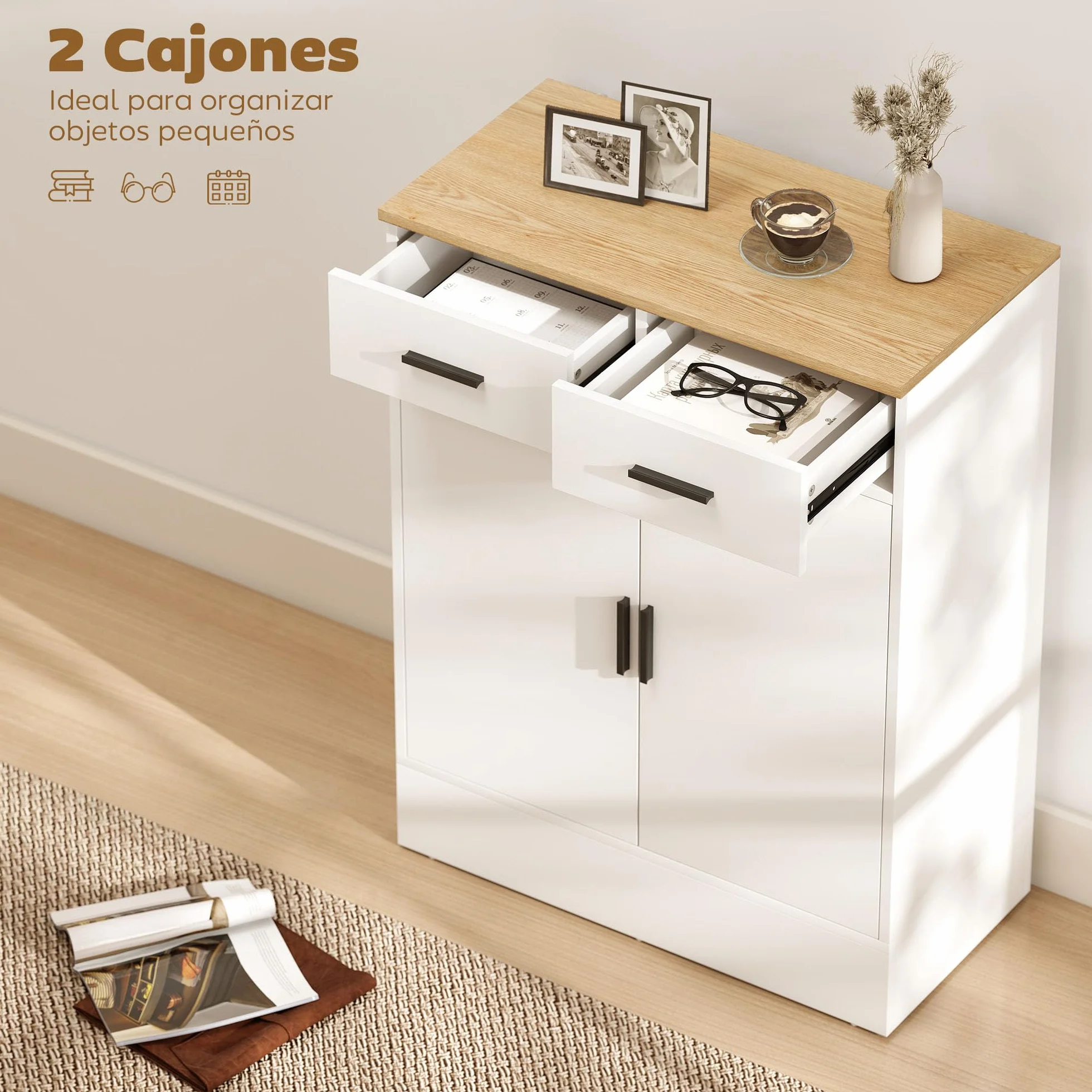 HOMCOM Aparador de 2 Puertas, Aparador de Salón con 2 Cajones y Estantes Ajustables, para Cocina, Entrada, Dormitorio, Blanco y Natural, 68,6x35x90,3 cm