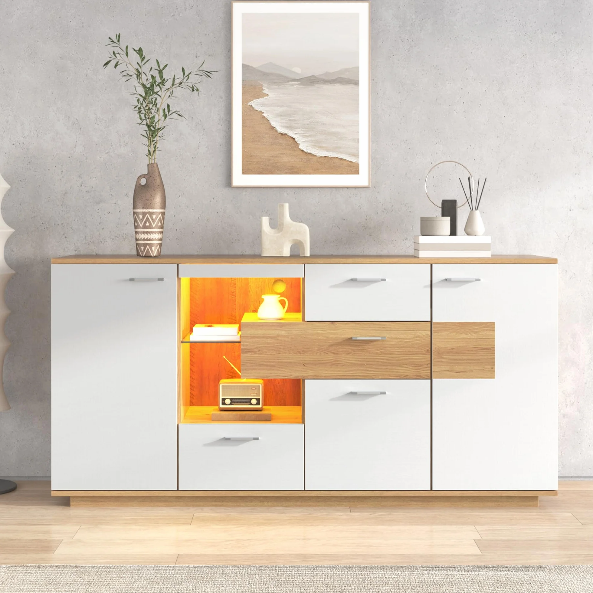 LAKFEW Aparadores para Salon con LED y Estante de Cristal, Aparador Salon con 4 Cajones y 2 Puertas, Aparador Entrada, Muebles de Salon Mueble Auxiliar Salón, 160x40x77 cm, Color Madera+Blanco