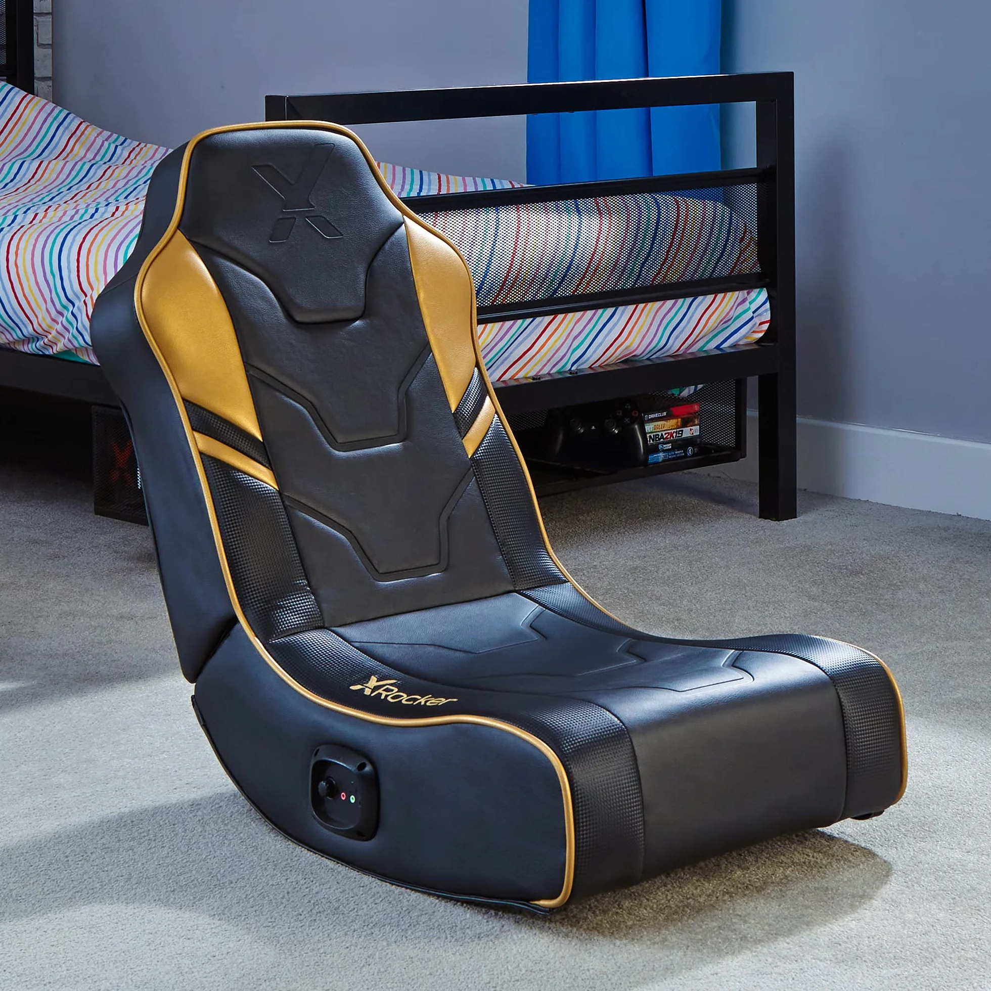 X-Rocker Shadow - Silla de juegos para niños y jóvenes, balancín de suelo de audio 2.0, asiento oscilante plegable bajo con 2 altavoces de sonido estéreo, asiento acolchado de espuma para juegos para