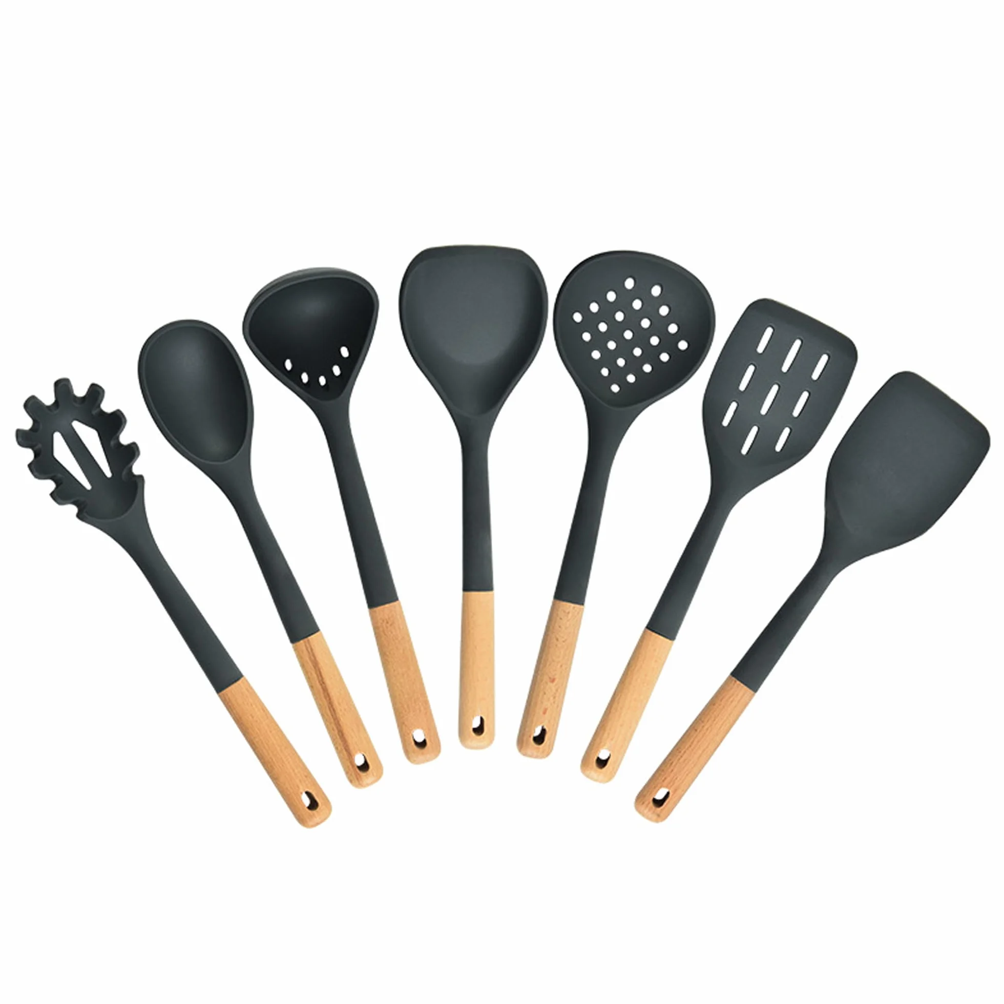 Juego de 7 utensilios de cocina con mango de madera, cabeza de silicona antiarañazos + nailon resistente al calor (cuchara ranurada, cuchara sólida, colador para pasta, espátula) para utensilios de