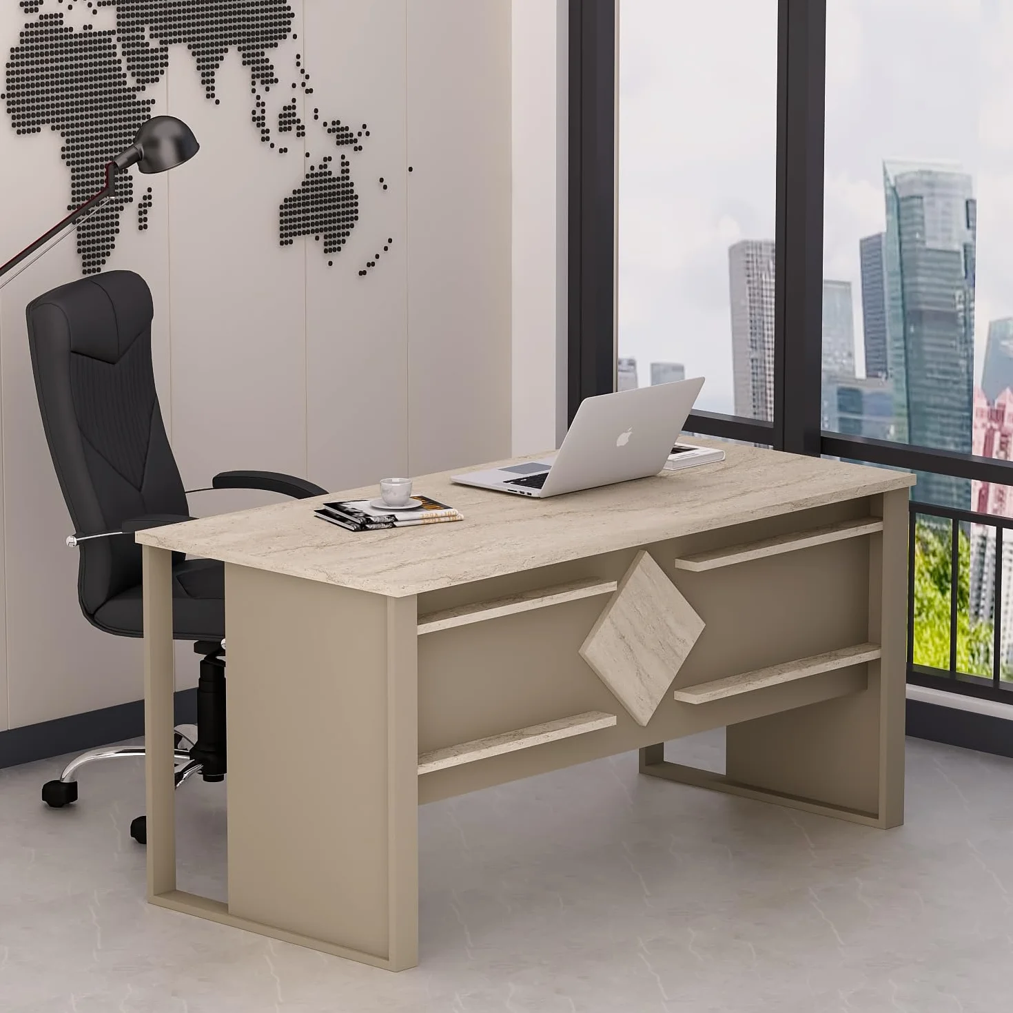 Homidea BOSS Escritorio 150 x 72 x 75,6 cm – Mesa de oficina moderna para oficina en casa o estudio (beige travertino)