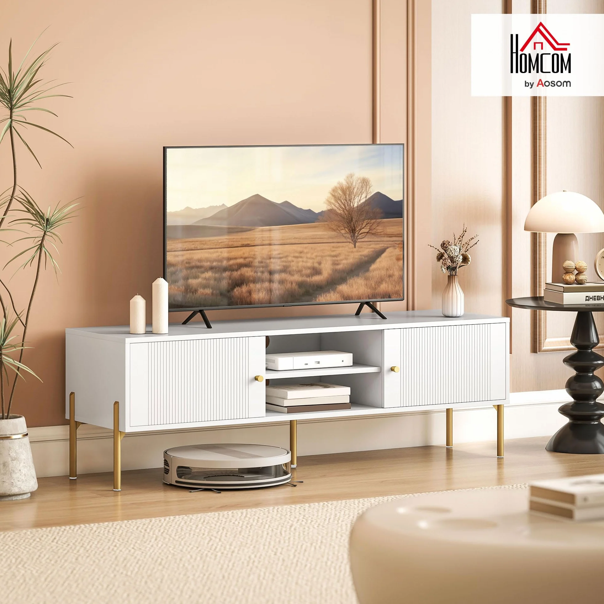 HOMCOM Mueble de TV Moderno de 2 Puertas, Mesa TV para Salón con 2 Estantes Abiertos Ajustables, Orificios Pasacables, Patas de Acero, para Televisión 65 Pulgadas, 140x38x45,9 cm, Blanco