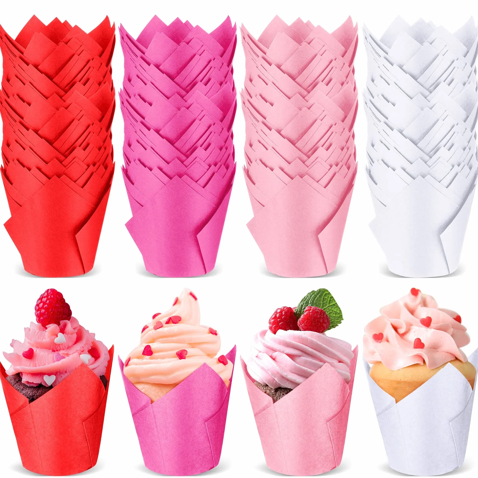 200 moldes para magdalenas de tulipán, moldes para magdalenas, moldes para hornear, resistentes al calor, para bodas, fiestas, cumpleaños, fiestas de baby shower (color vivo)